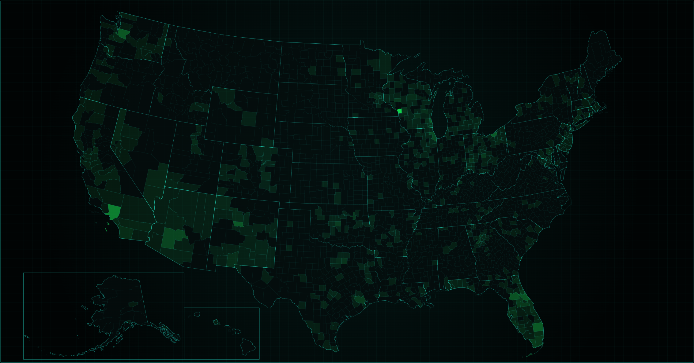 Police bodycam YouTube video density by county [OC] Visualization