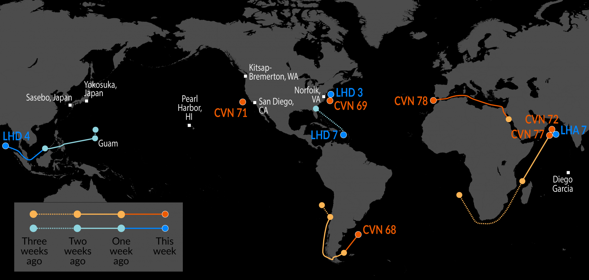 May 7th US Navy tracking - USS Gerald Ford (CVN-78) has left the Red Sea and is returning to the U.S. + USS Nimitz (CVN-68) continues training with Argentina + USS Boxer (LHD-4) continues west towards Iran Visualization