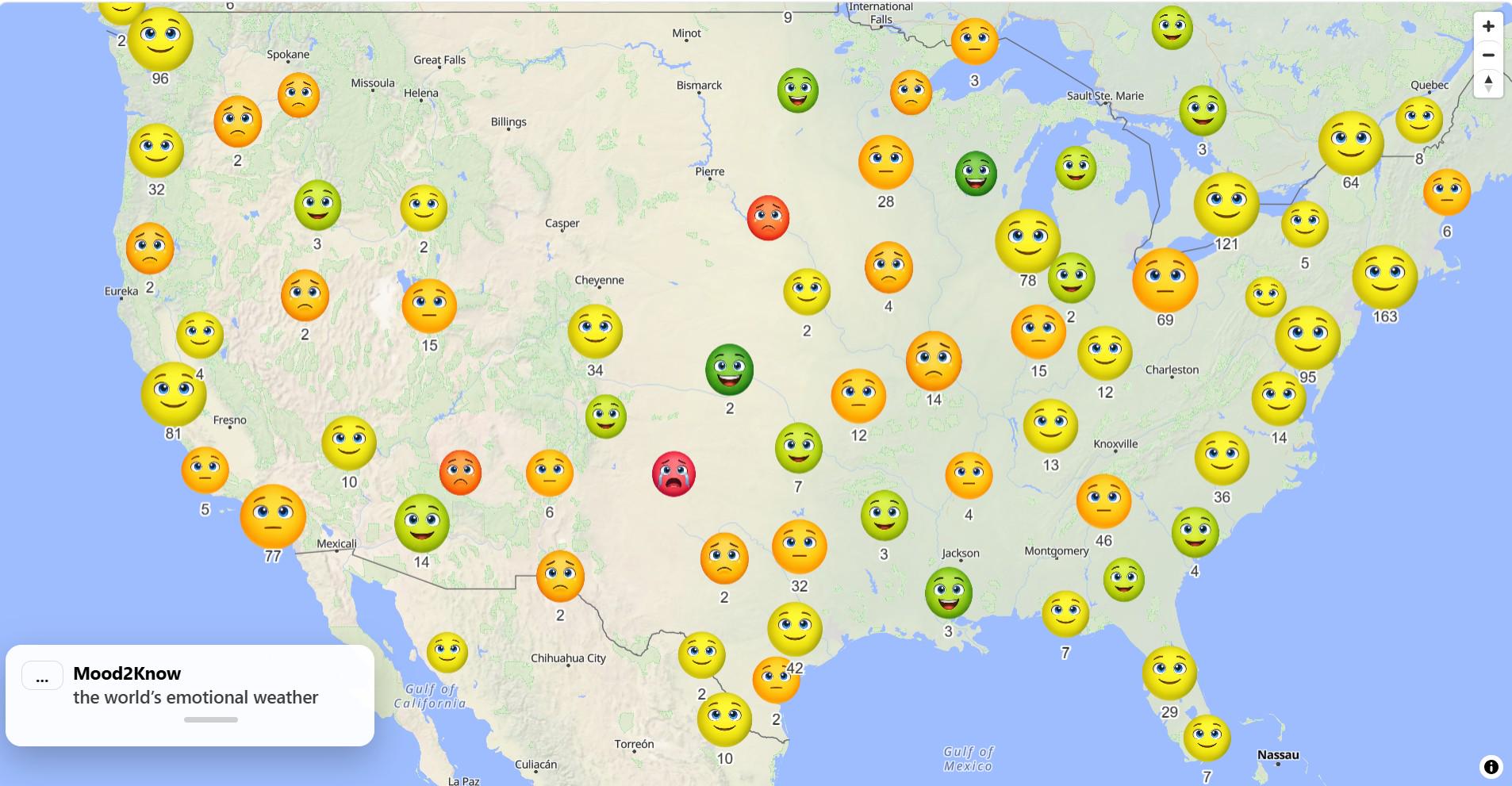 Self-reported mood across US regions (1300+ entries) Visualization