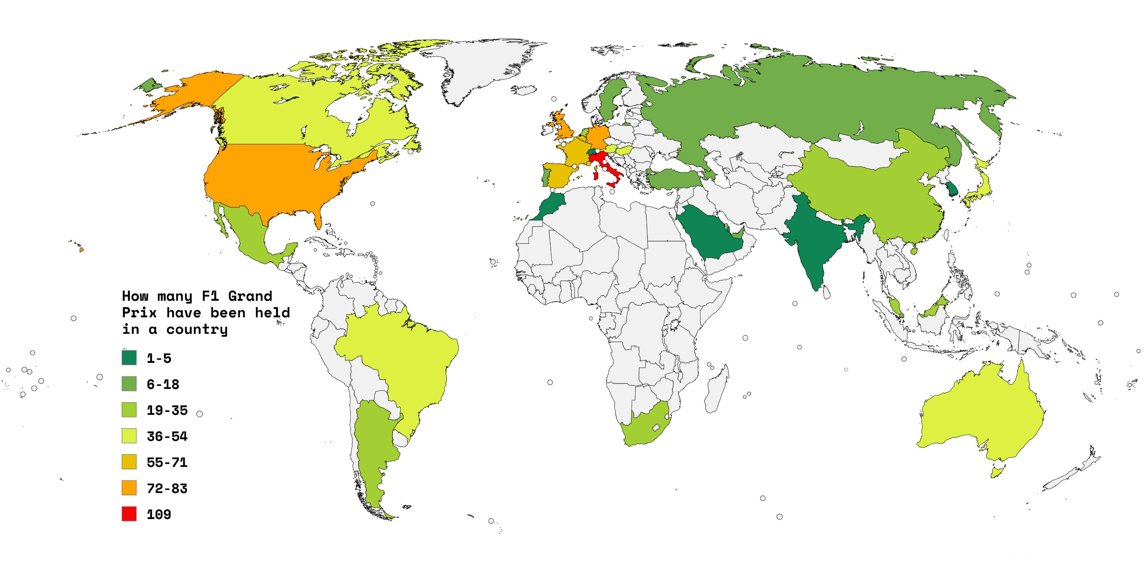 How many F1 Grand Prix have been held in a country Visualization