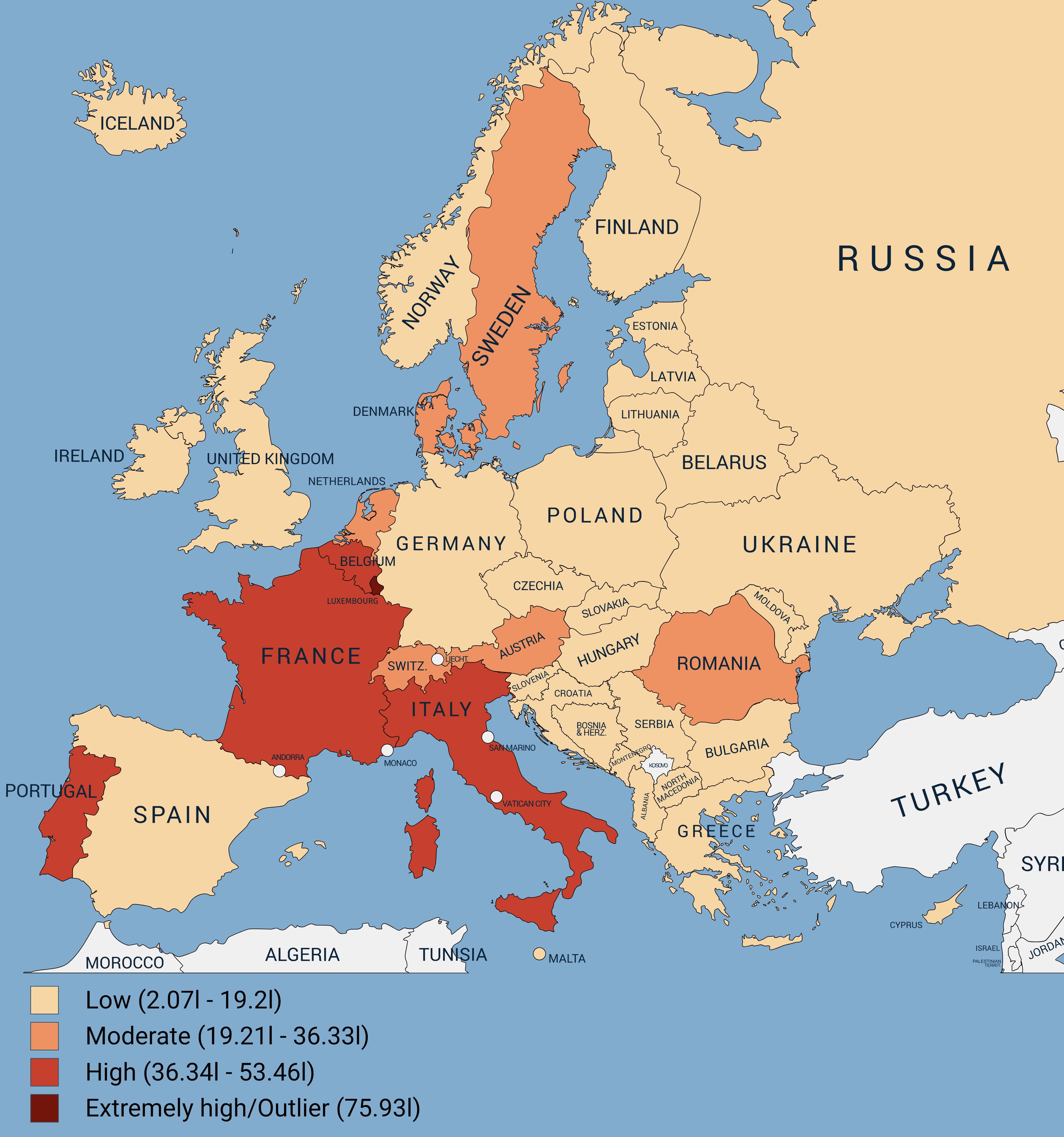 Wine Consumption per capita in Europe Relative to the Rest of Europe [OC] Visualization