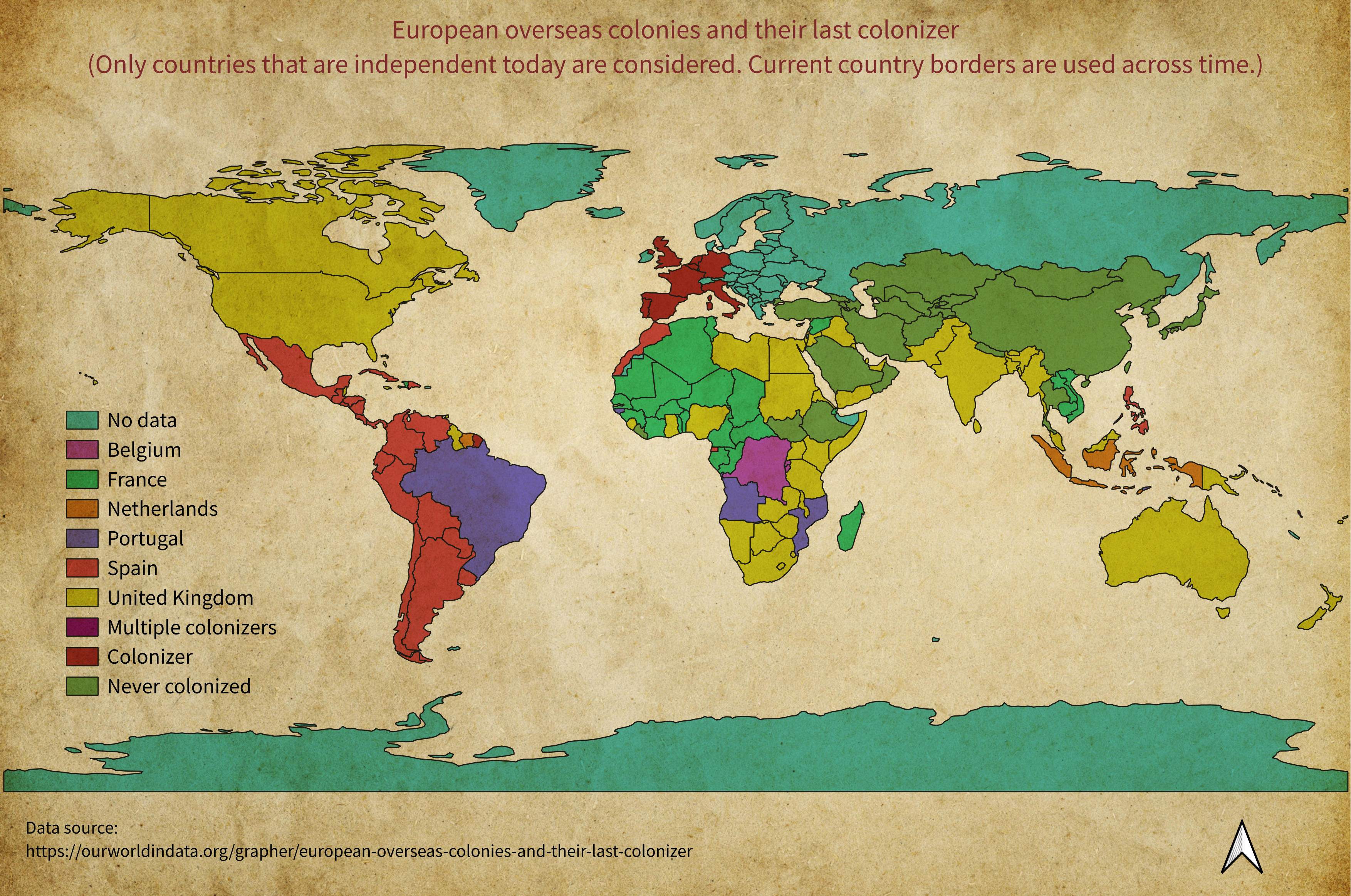 [OC] European overseas colonies and their last colonizer Visualization
