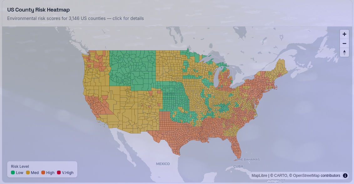 [OC] US Environmental Risk Heatmap — 3,146 counties scored from FEMA, USGS, and EPA data Statistics