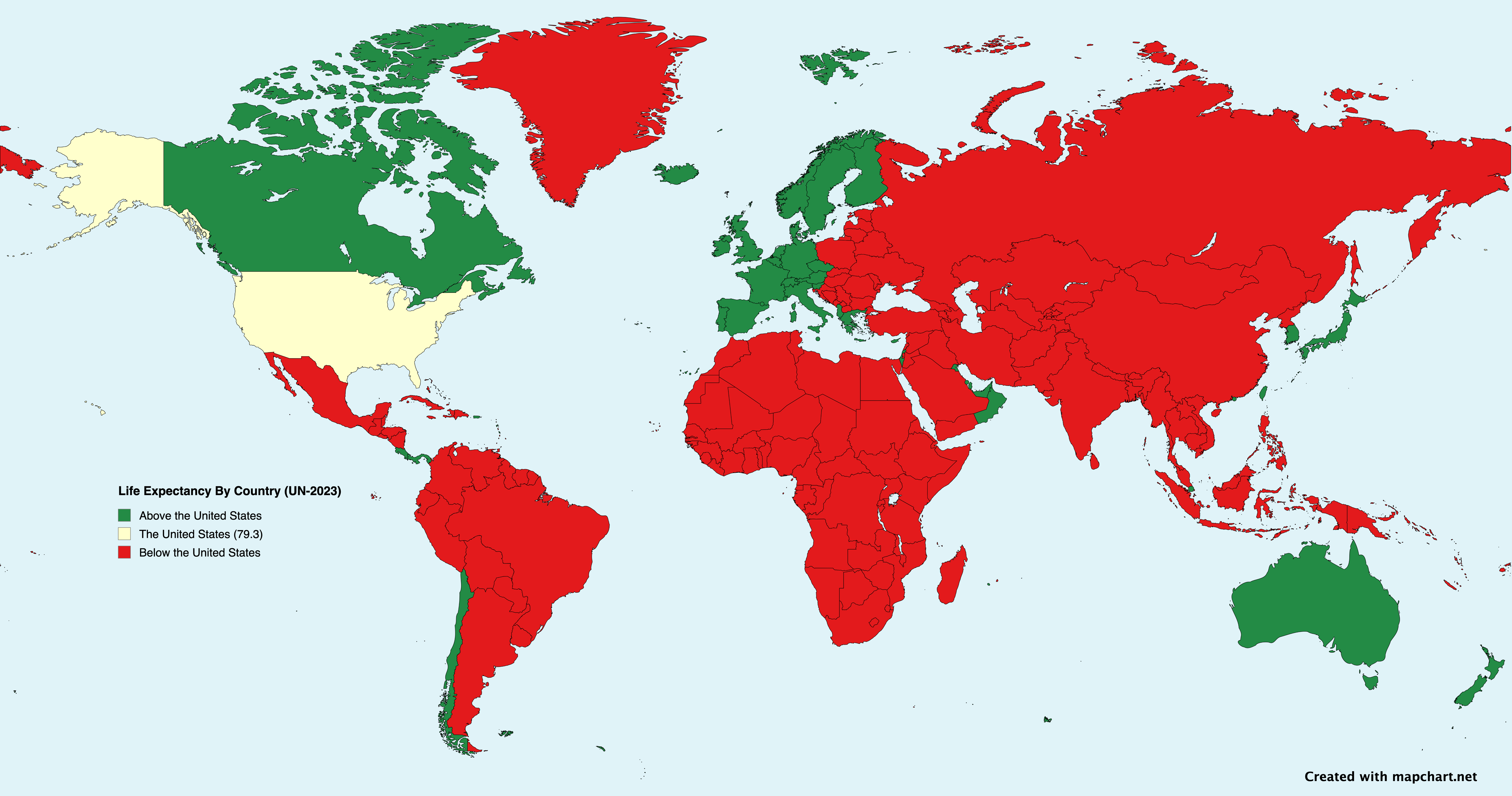 [OC] Life Expectancy Relative to the United States (UN-2023) Visualization
