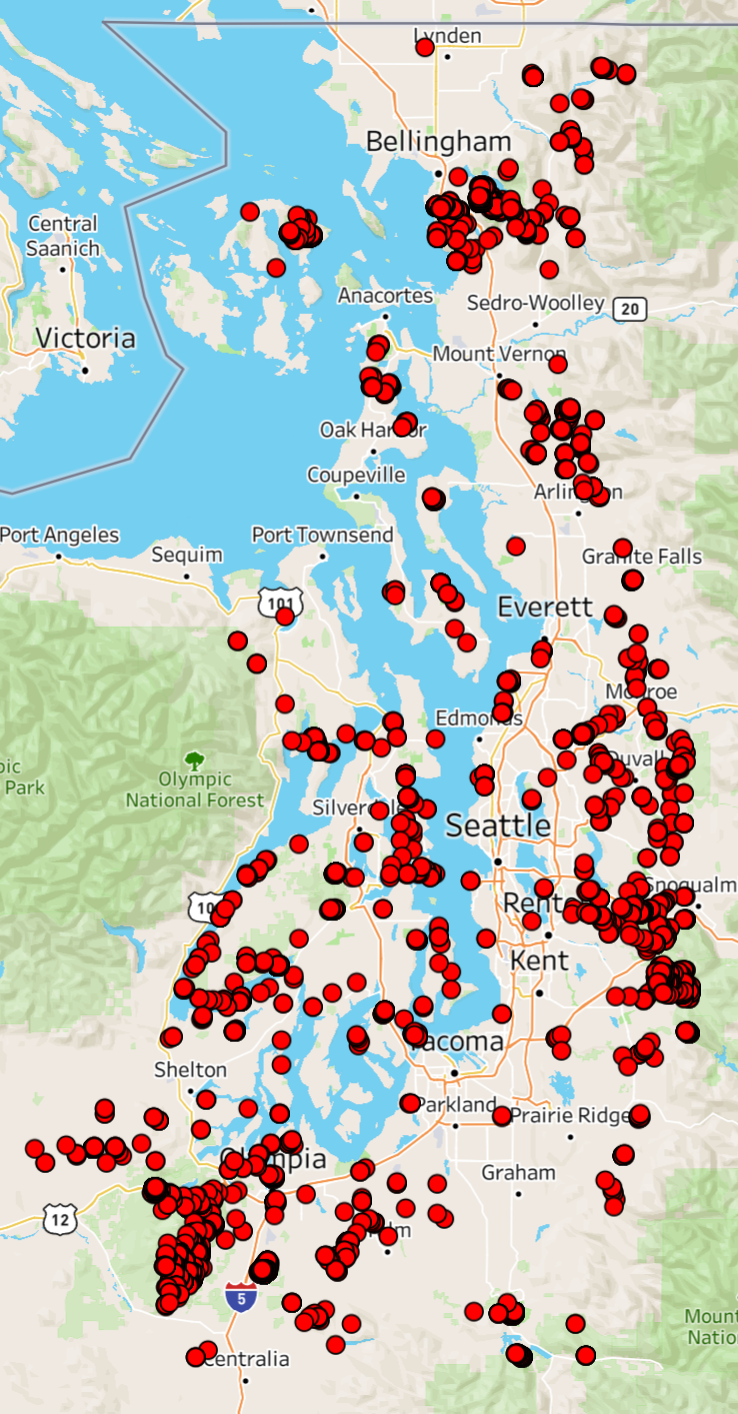 [OC] LiDAR-derived map of 200-foot trees in the Seattle area Visualization