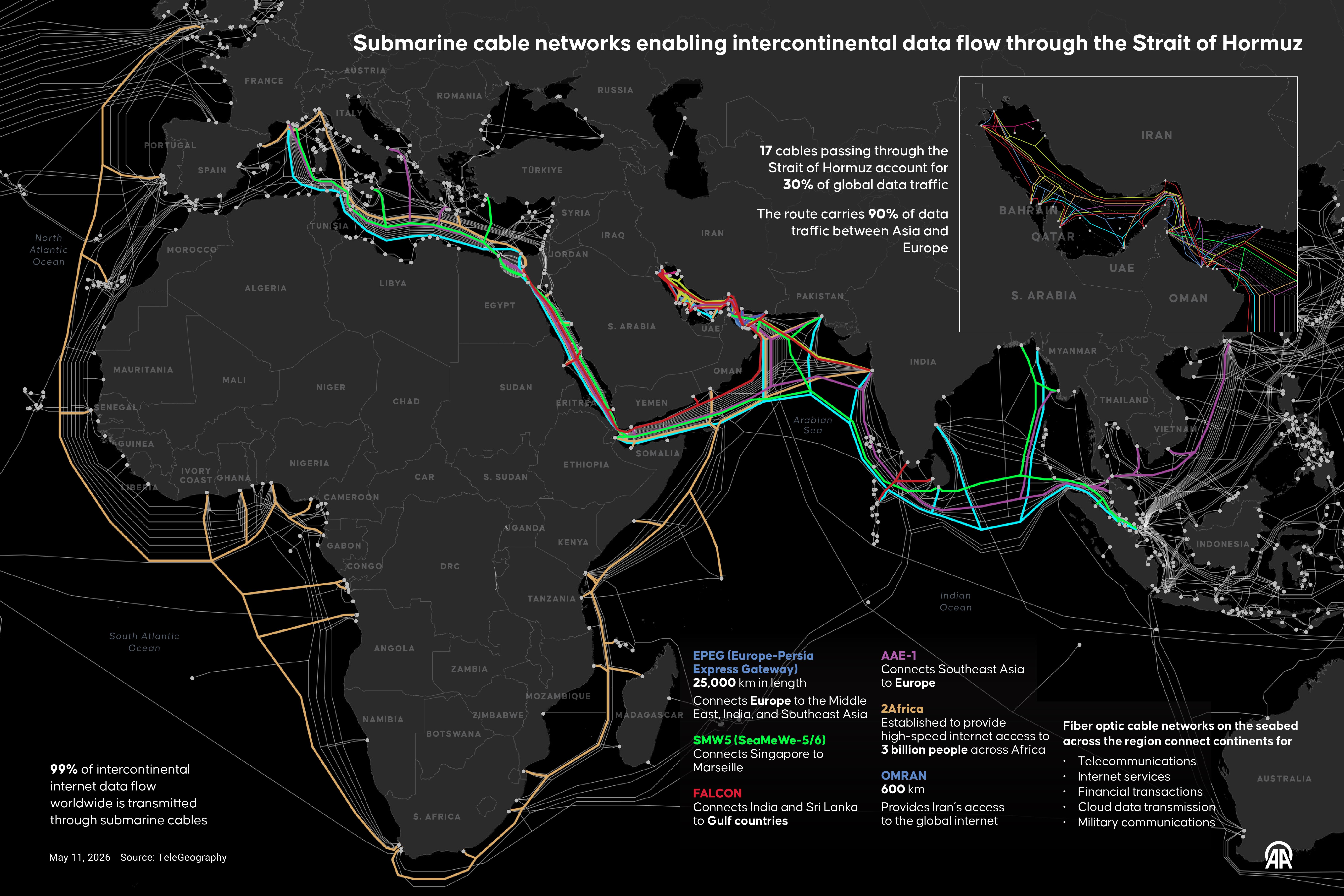 Submarine cable networks enabling intercontinental data flow through the Strait of Hormuz Statistics