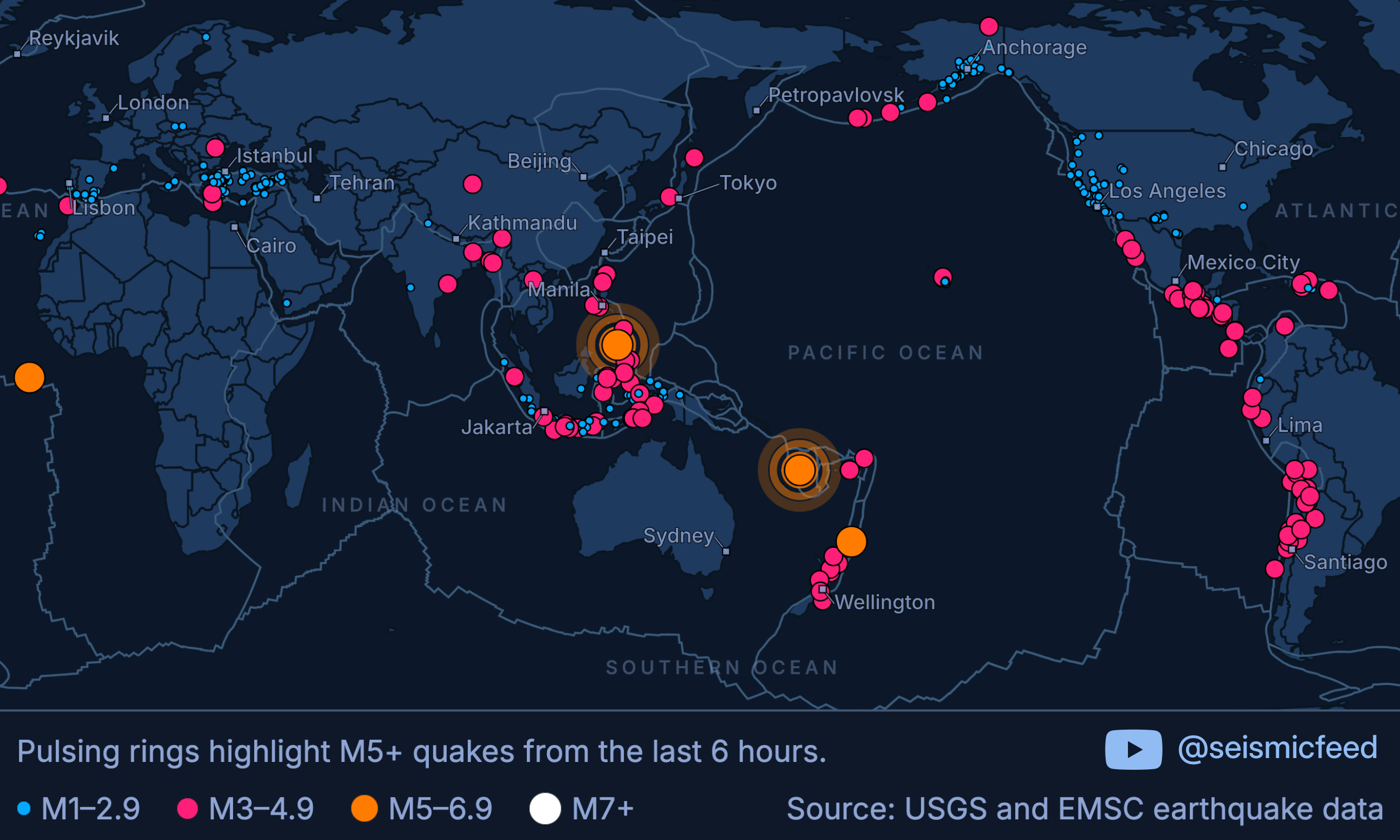[OC] Earthquakes Across the World in the Last 24 Hours (USGS &amp; EMSC Data) Statistics