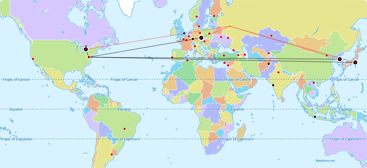 [OC] Obama and Medvedev crossed paths in Seoul, Toronto and Yokohama in 2010 - a snapshot of a very different geopolitical era Visualization