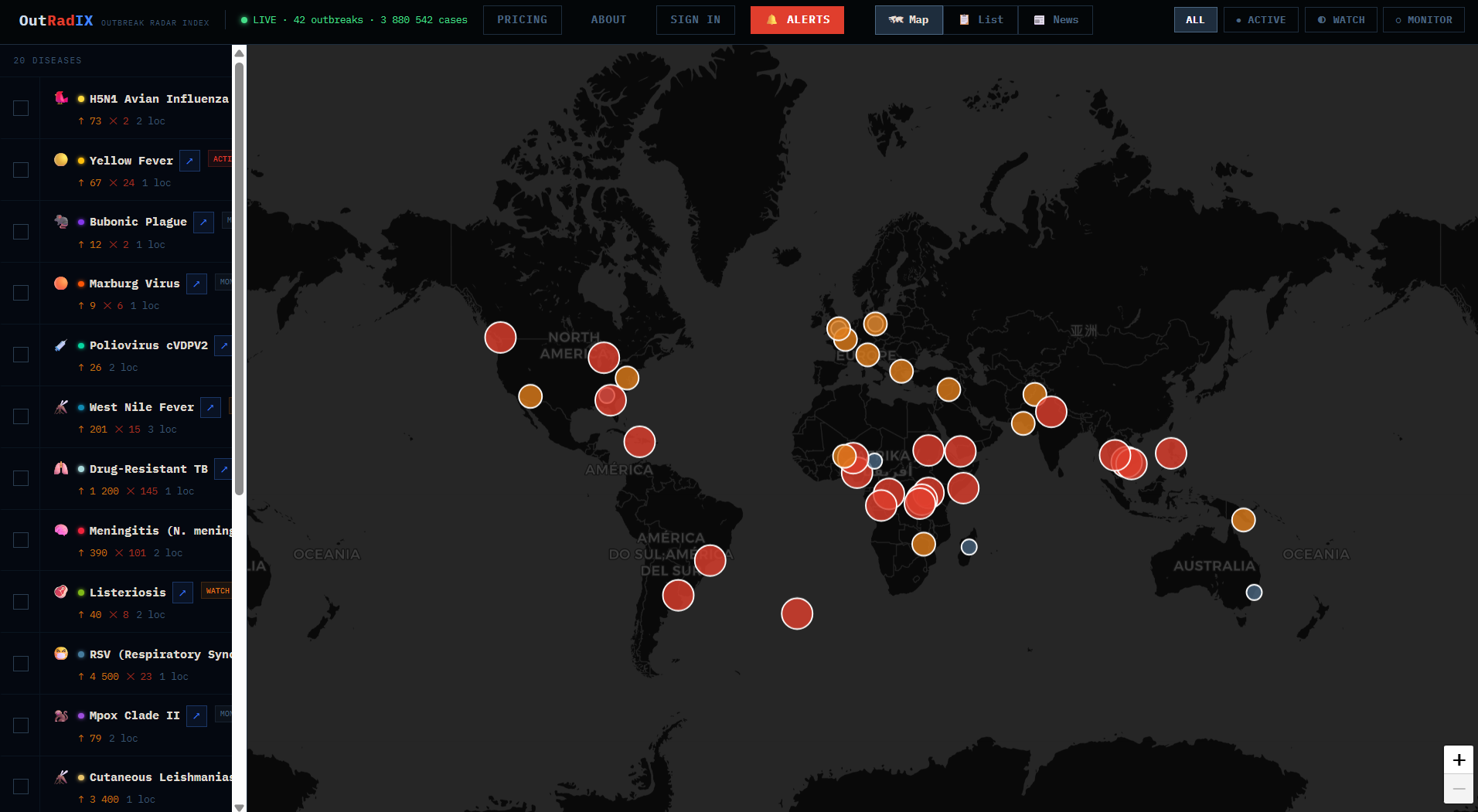 Real-time map of all active infectious disease outbreaks worldwide — data from WHO &amp; CDC [OC] Statistics