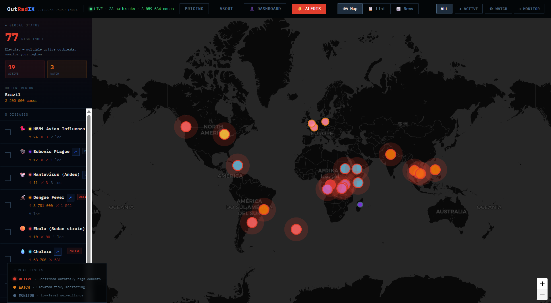 [OC] I built a live map tracking 23 active disease outbreaks worldwide (real-time WHO/CDC data) Statistics