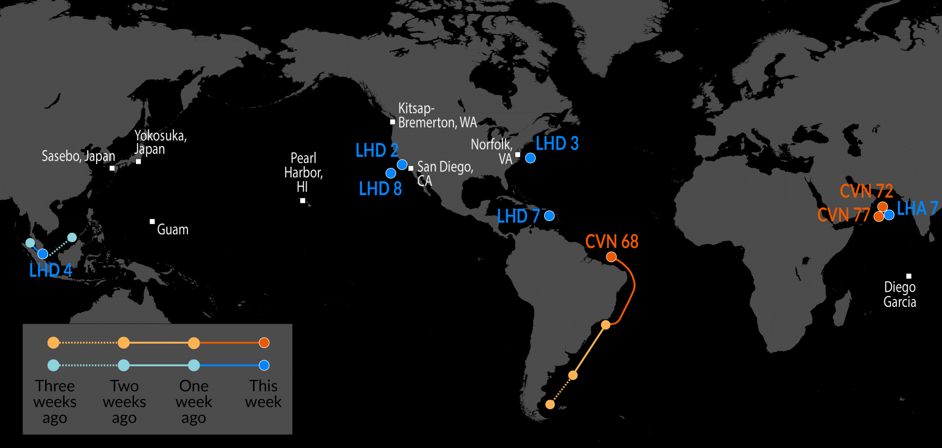 May 21st US Navy tracking - USS Nimitz (CVN-68) enters the Caribbean and heads towards Cuba + USS Boxer (LHD-4) reverses course to conduct flight operations in the Strait of Malacca Visualization May 21st US Navy tracking - USS Nimitz (CVN-68) enters the Caribbean and heads towards Cuba + USS Boxer (LHD-4) reverses course to conduct flight operations in the Strait of Malacca Visualization