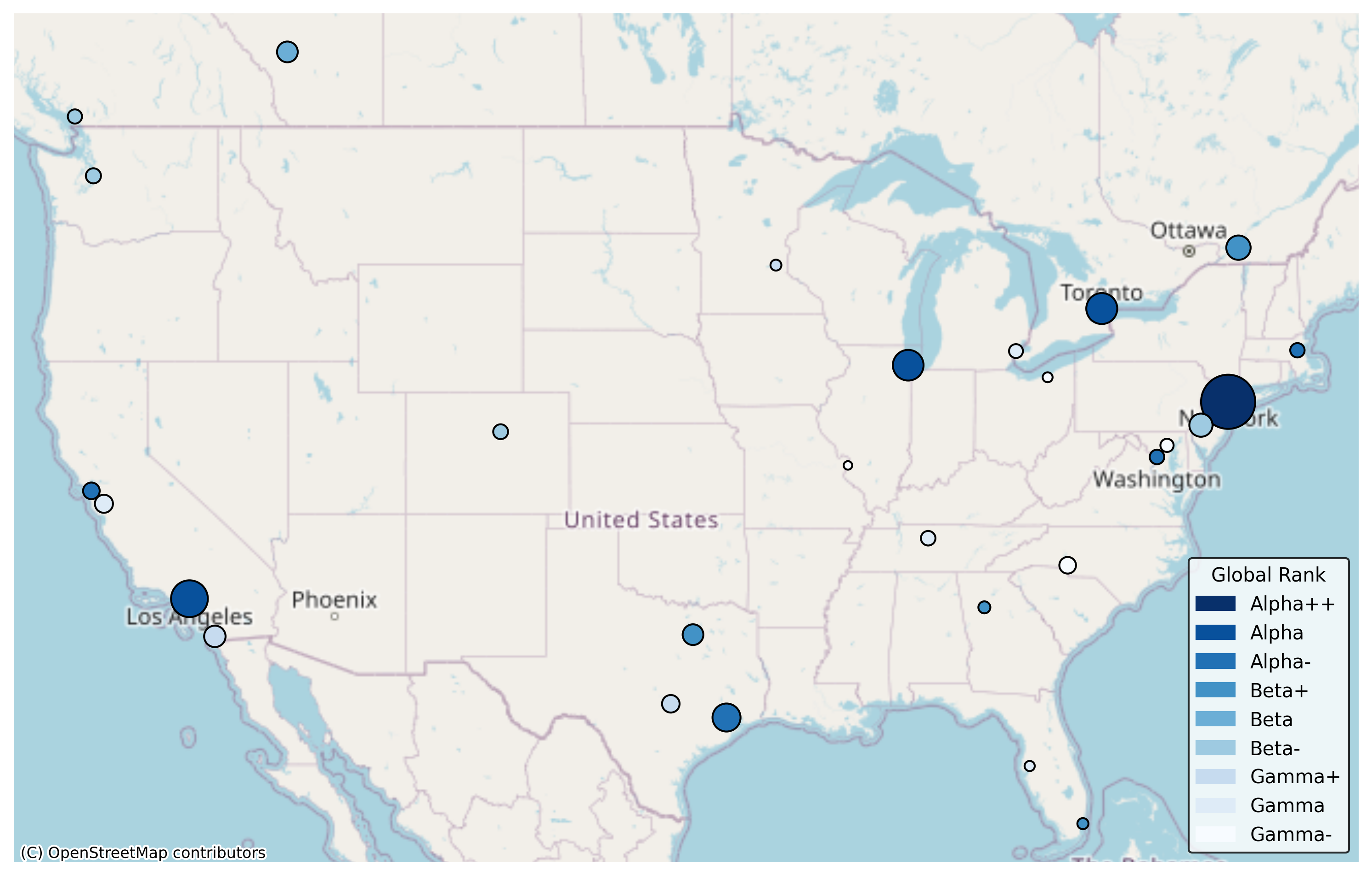 [OC] Global Cities World Ranking compared to city size (USA and Canada) Visualization