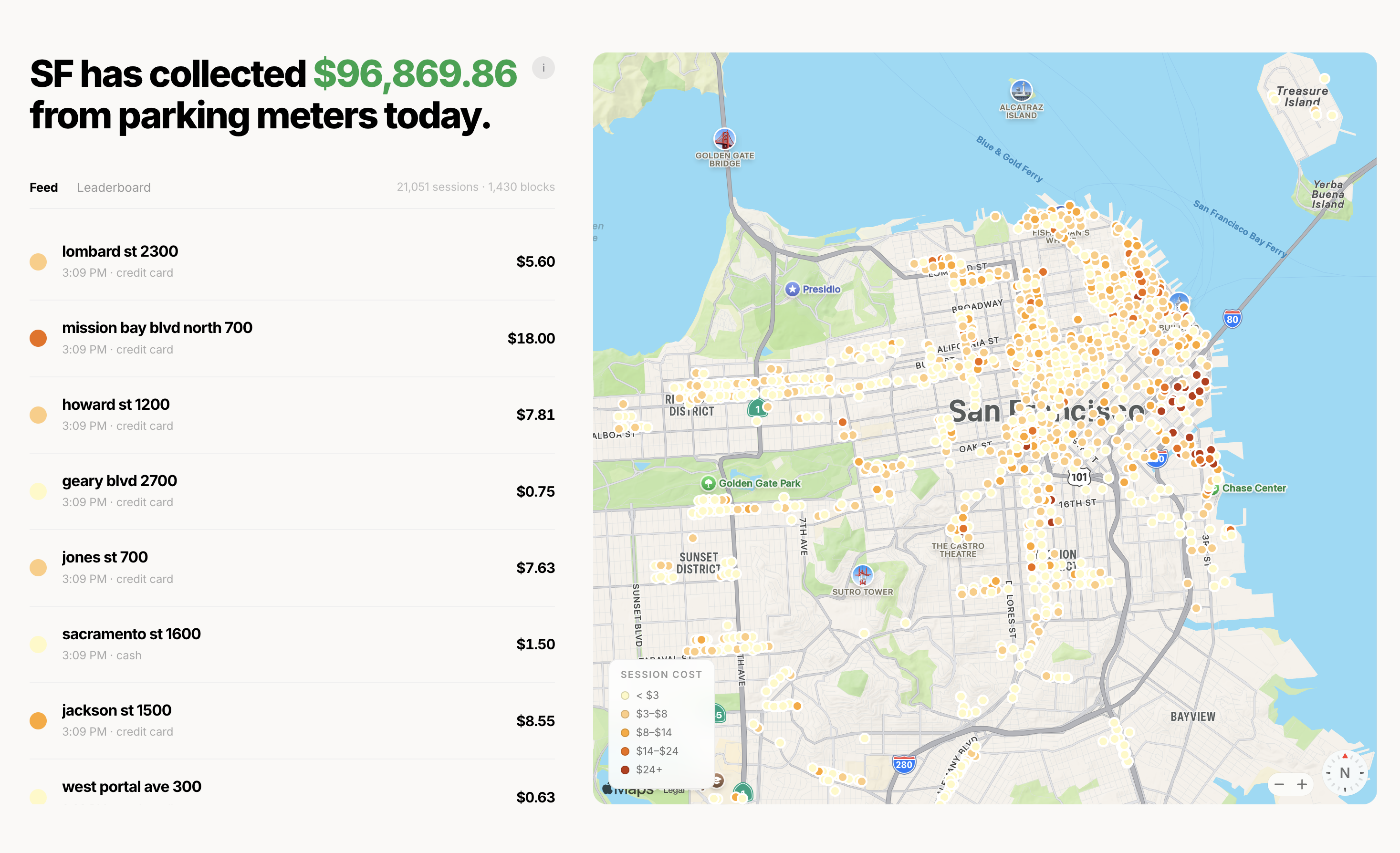 Every parking meter transaction in San Francisco mapped in real time [OC] Visualization