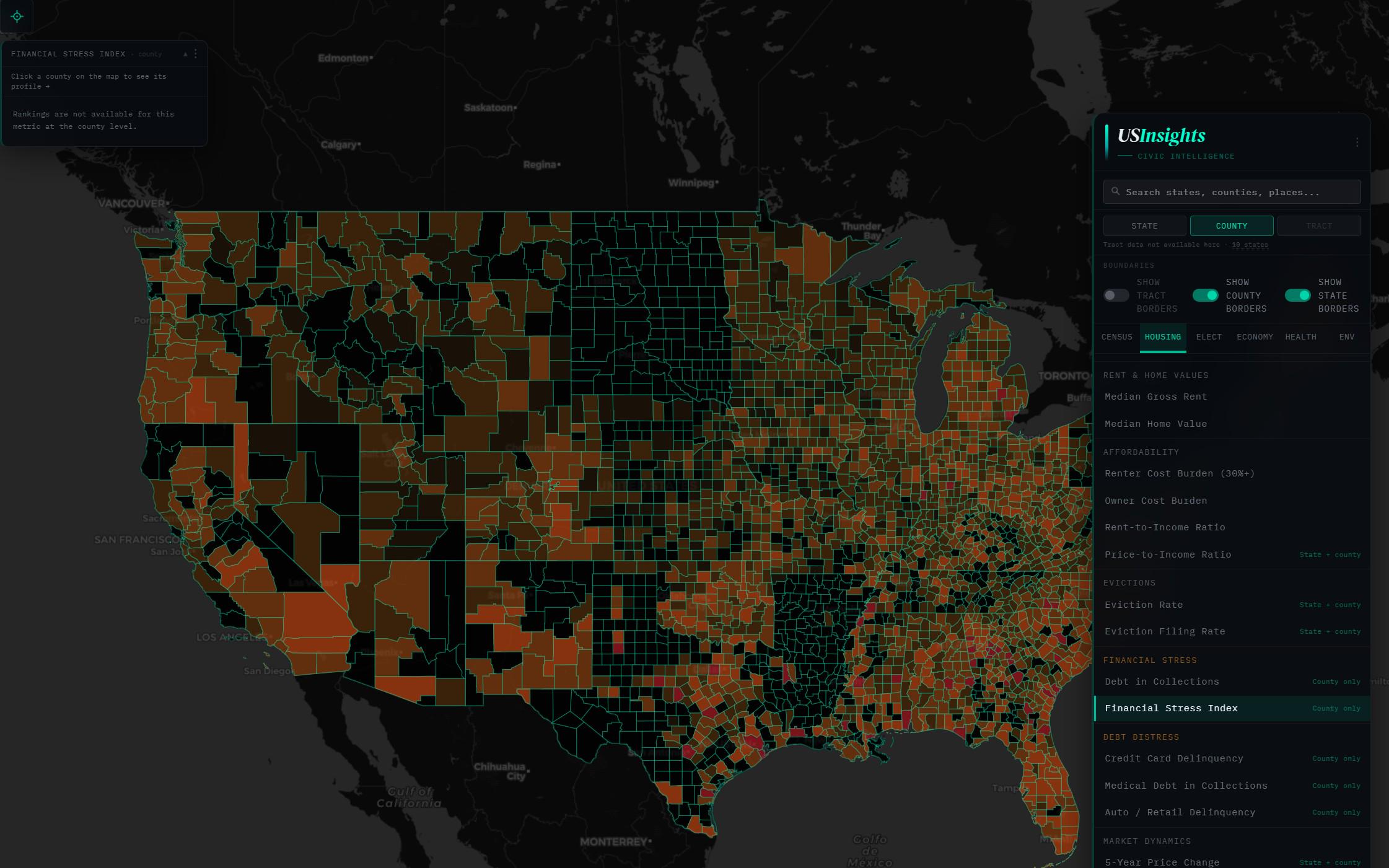 [OC] Financial stress across US counties, mapped using debt, housing, and local economic indicators Visualization