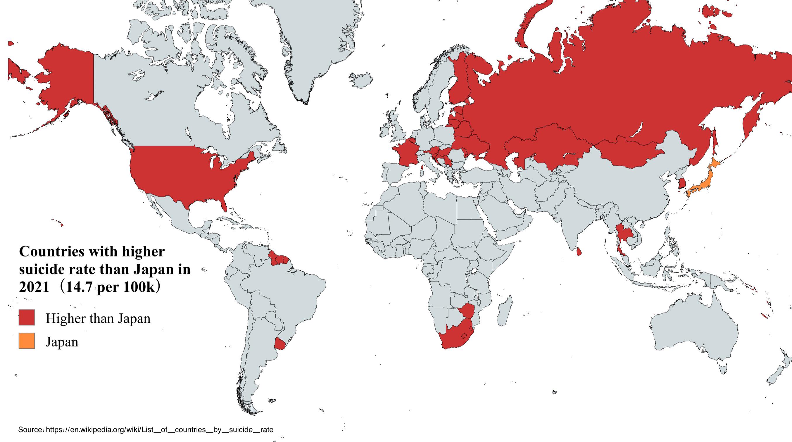 Countries with higher suicide rate than Japan in 2021 Visualization