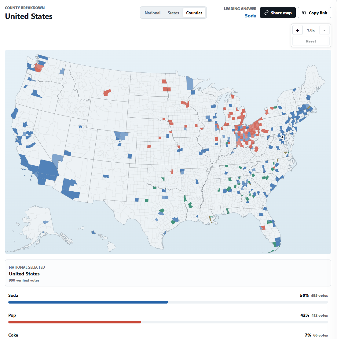 [OC] What Americans call a sugary fizzy drink, based on ~1,000 location-verified responses Visualization