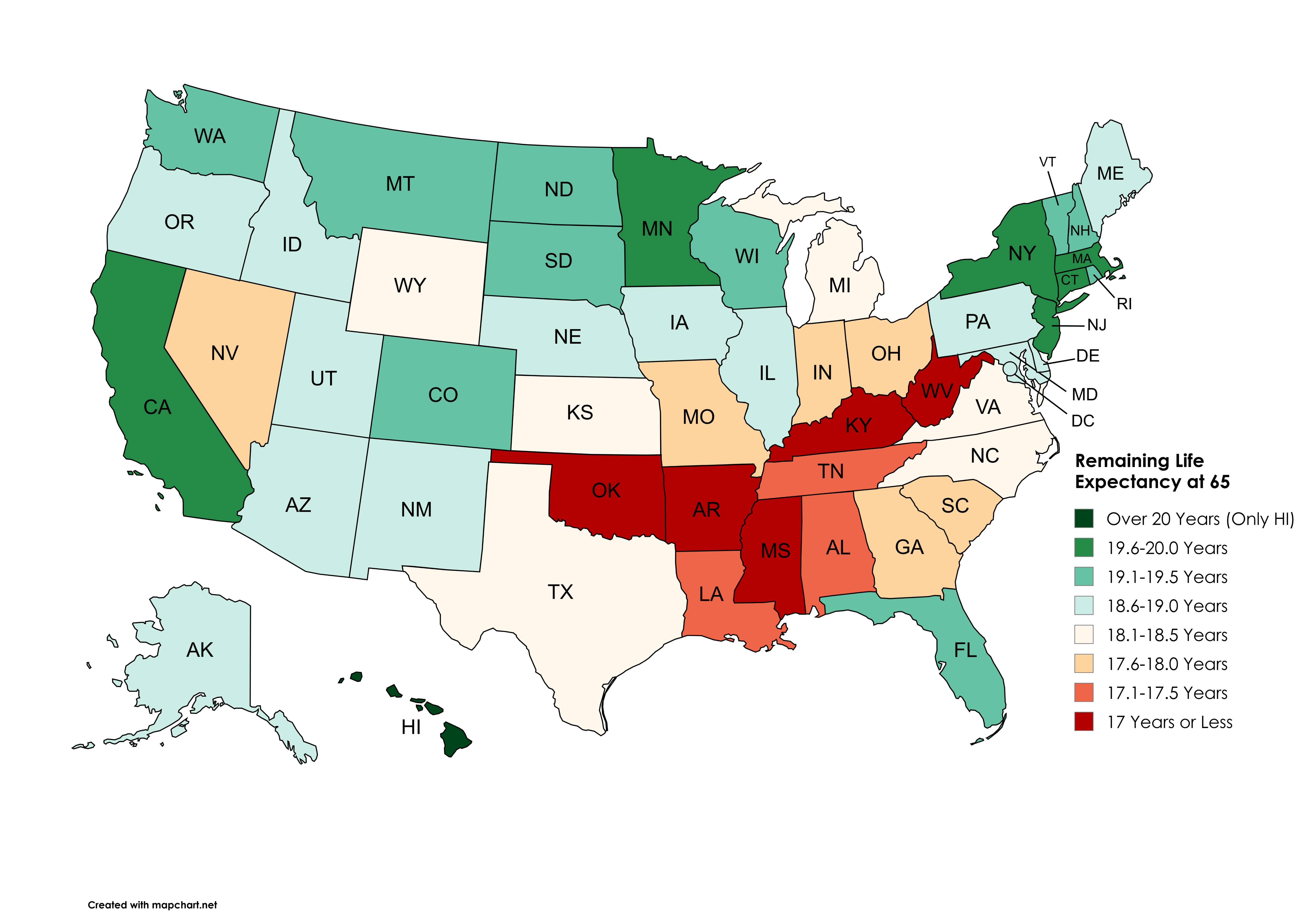 [OC] Remaining Life Expectancy at 65 by US State Visualization