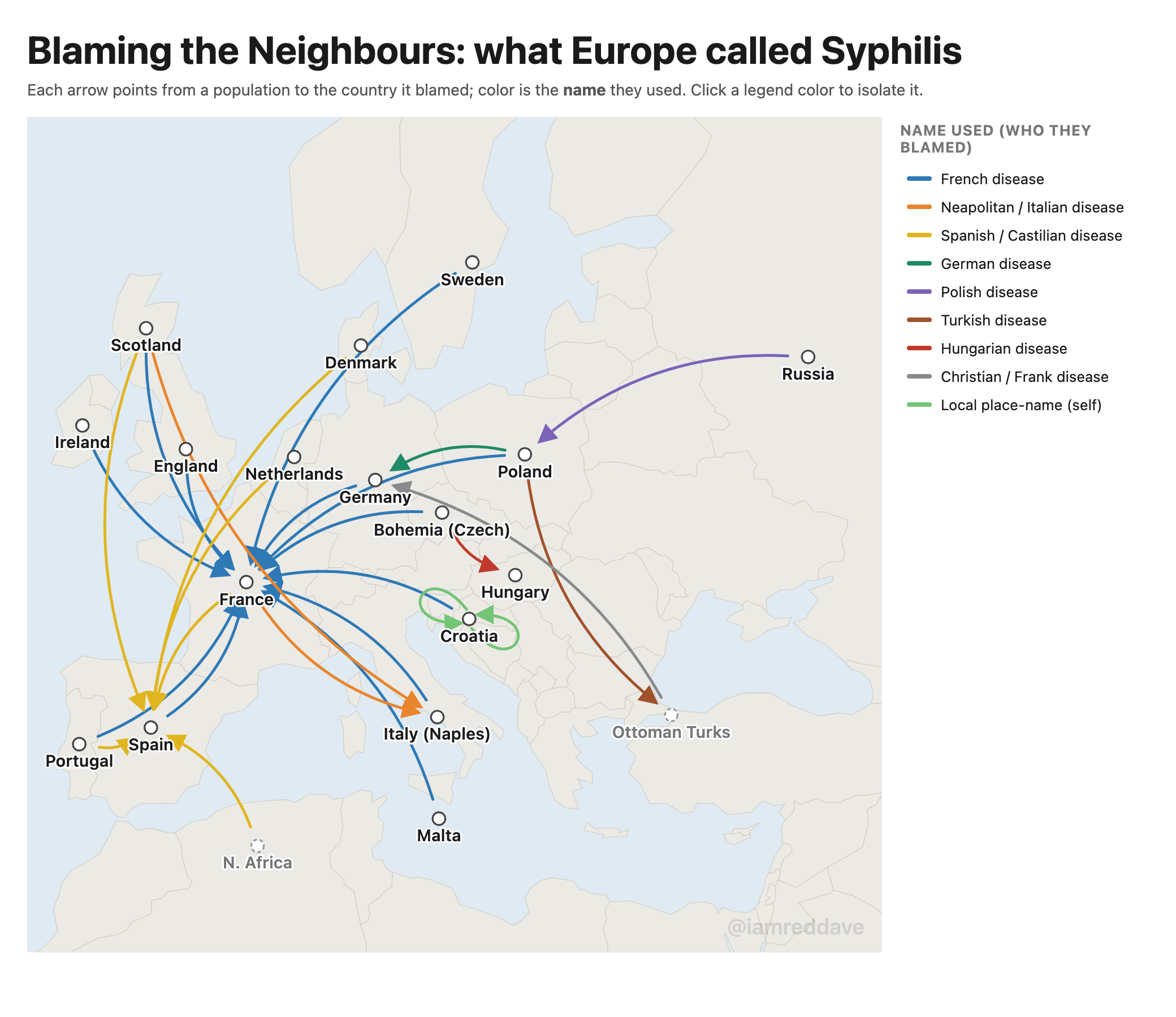 Europe's Syphilis Blame Map [OC] Visualization