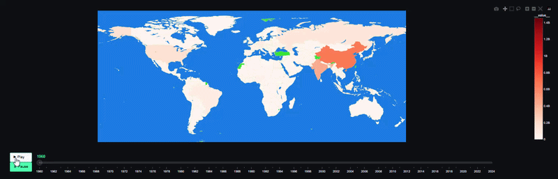 [OC] Animated Choropleth Map for Global Population by Country 1960–2024 (World Bank data) Data Visualization