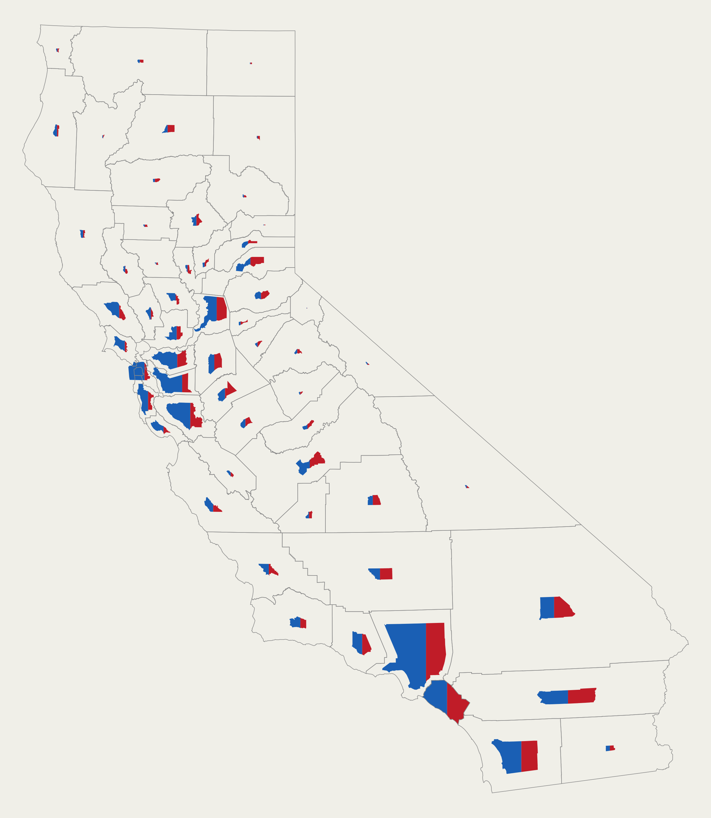 [OC] California counties resized so that map area is proportional to Democratic and Republican presidential votes (2024) Visualization