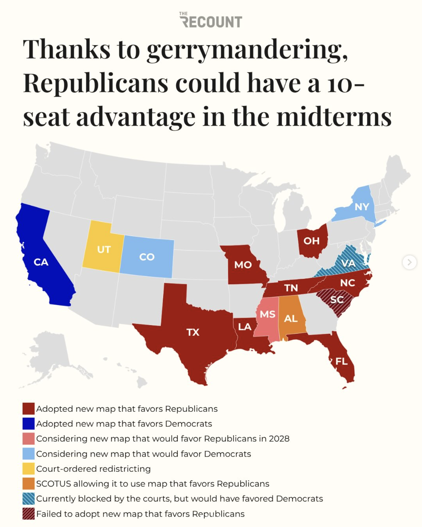 Map shows Democrats are essentially trailing by ten seats in the November midterms. Visualization