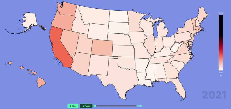[OC] EV Market Share in US by state 2021–2025 — Animated Choropleth Map Visualization