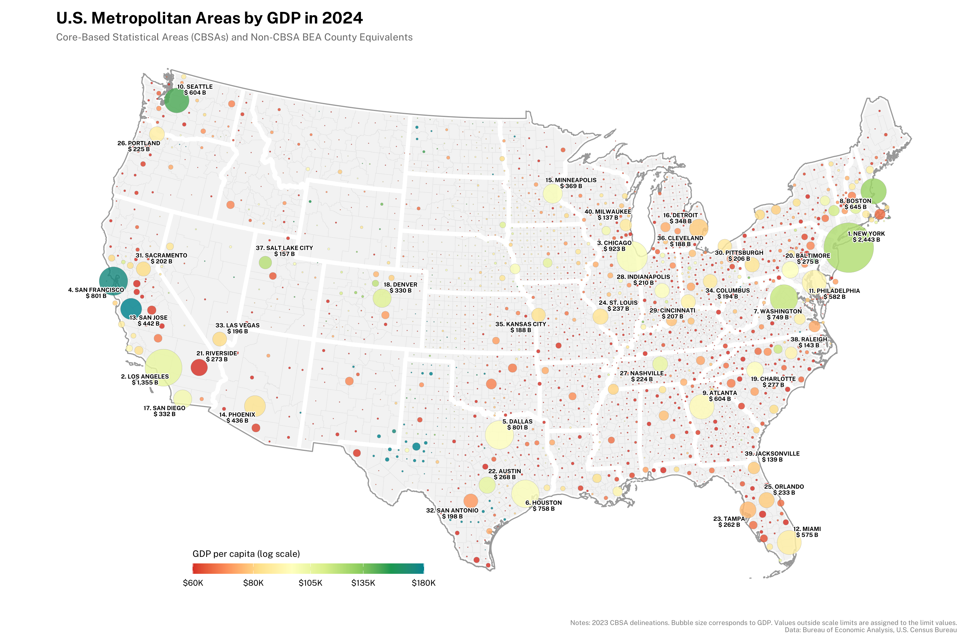 US metropolitan areas by GDP, 2024 [OC] Visualization