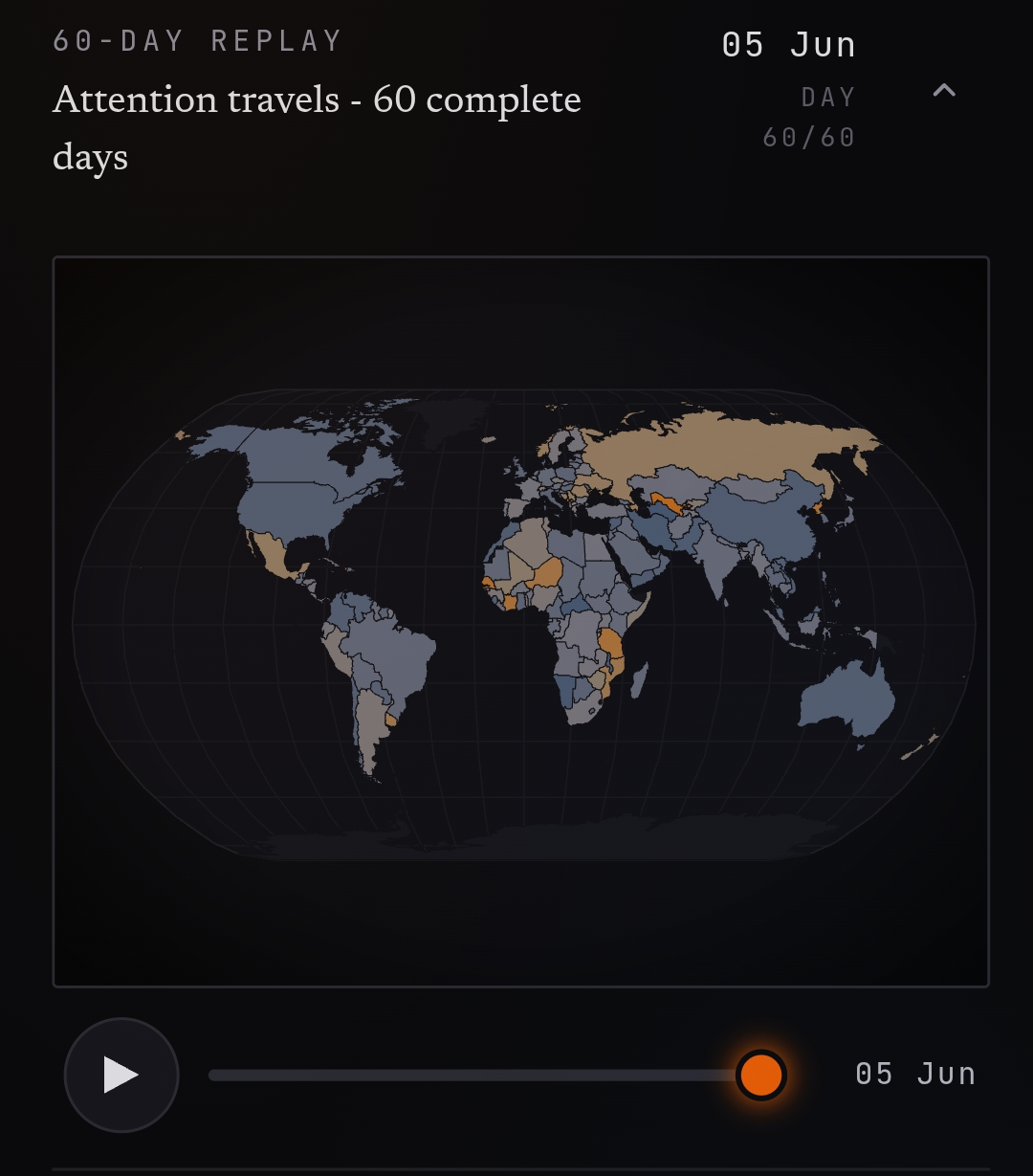 Tracking which countries are unusually visible or quiet in global news coverage[OC] Visualization