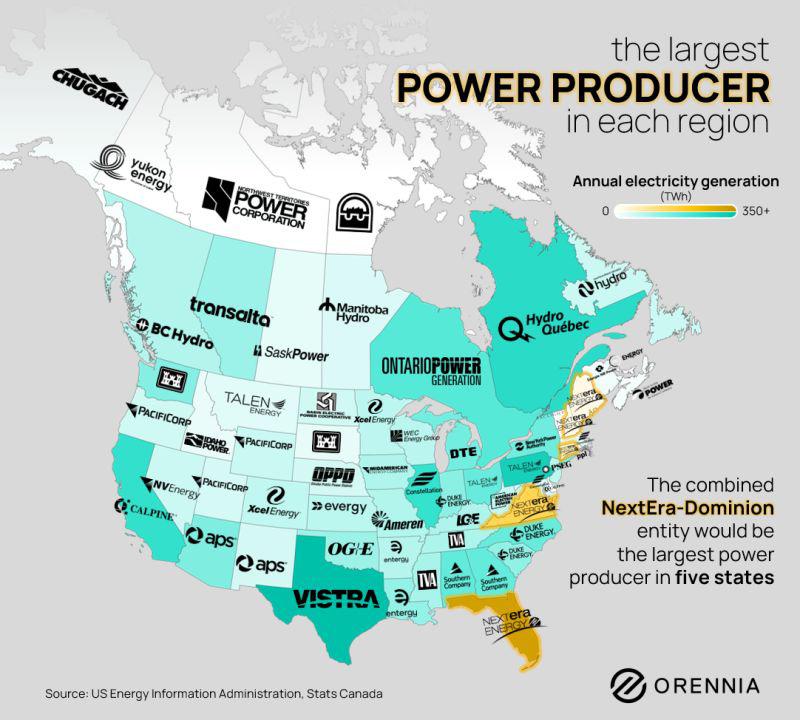 [OC] Top power producers in every region in the US and Canada Visualization