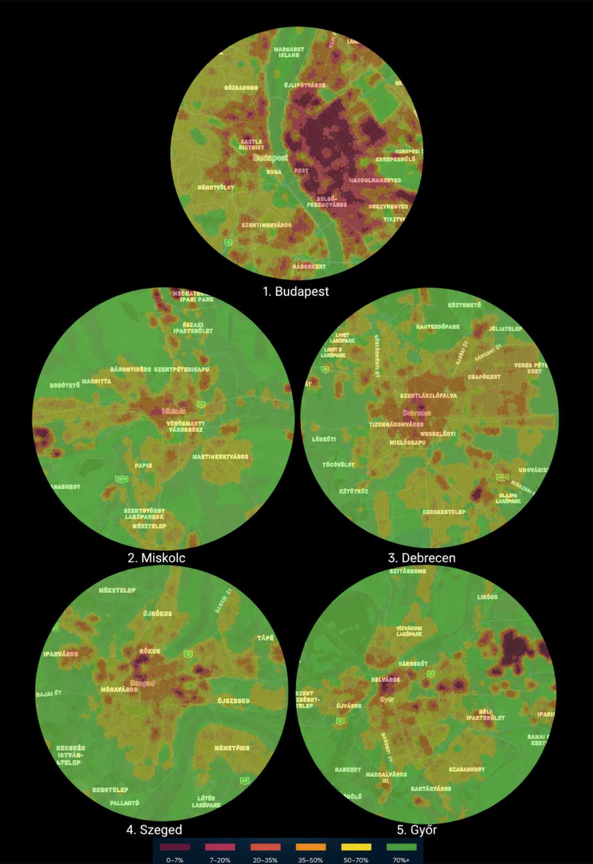 [OC] Budapest vs. Hungary's next four largest cities: green space ratio within a 4 km radius Comparison