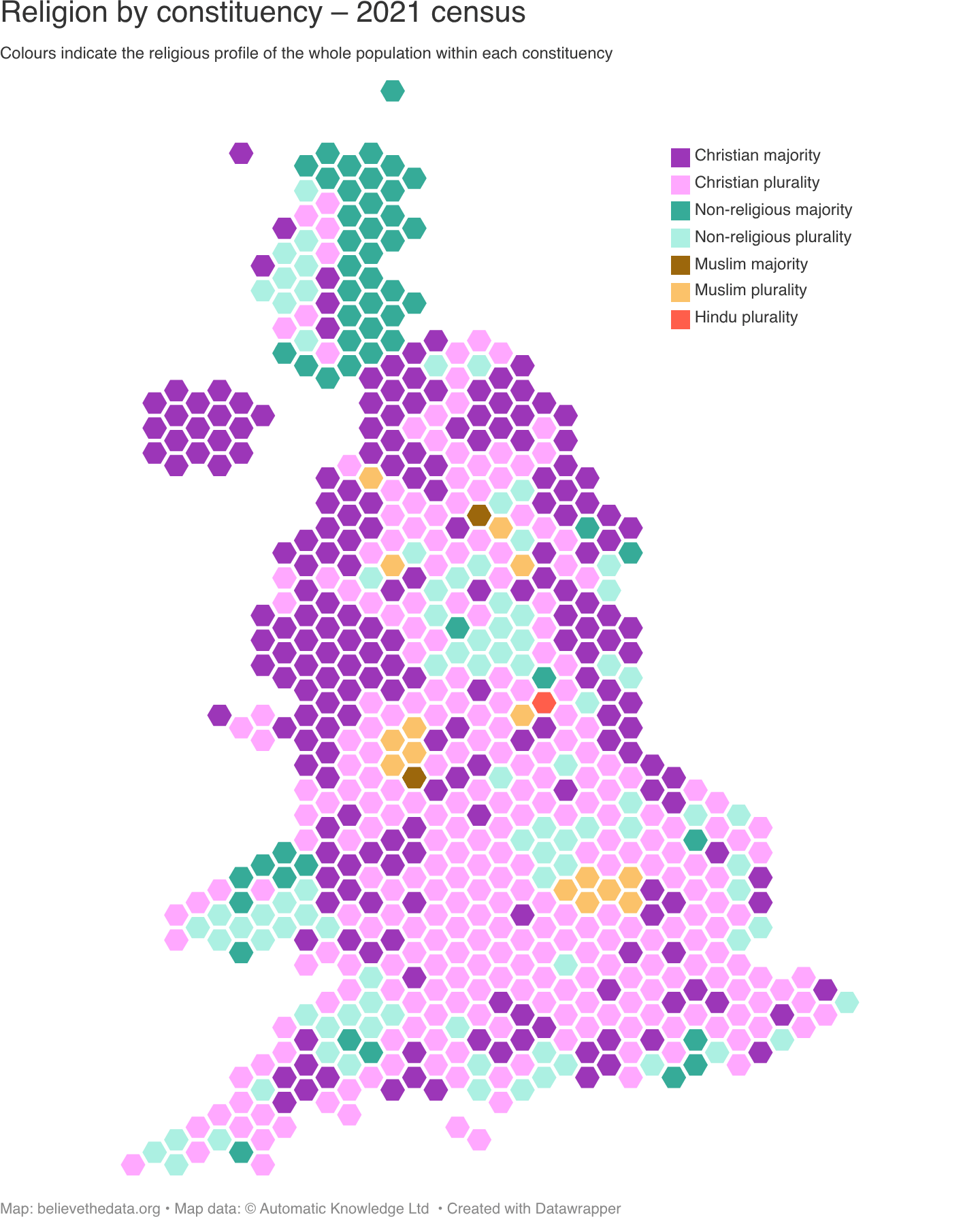 Projected evolution of UK parliamentary constituencies by religious plurality 2021-2031 [OC] Visualization