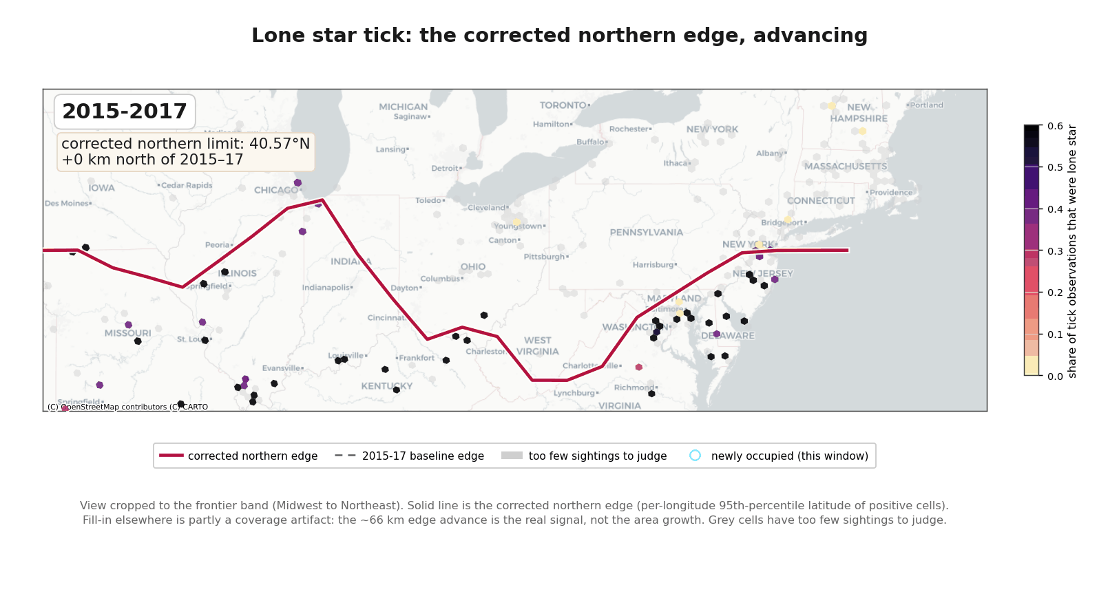 [OC] Northward advance of the lone star tick's range, 2015 to 2026 (adjusted for observer effort) Visualization