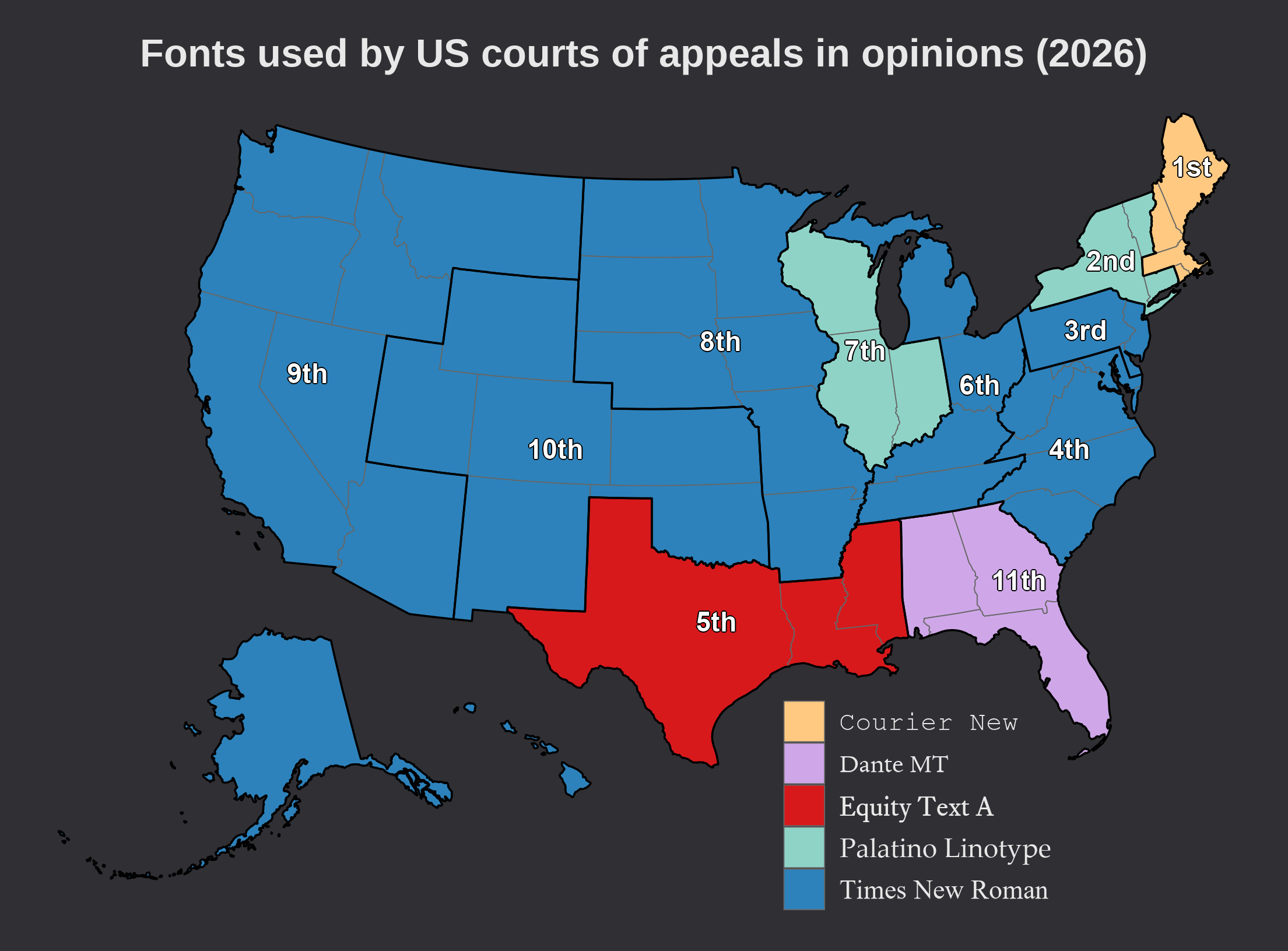 [OC] Fonts used by US courts of appeals in opinions (2026) Visualization