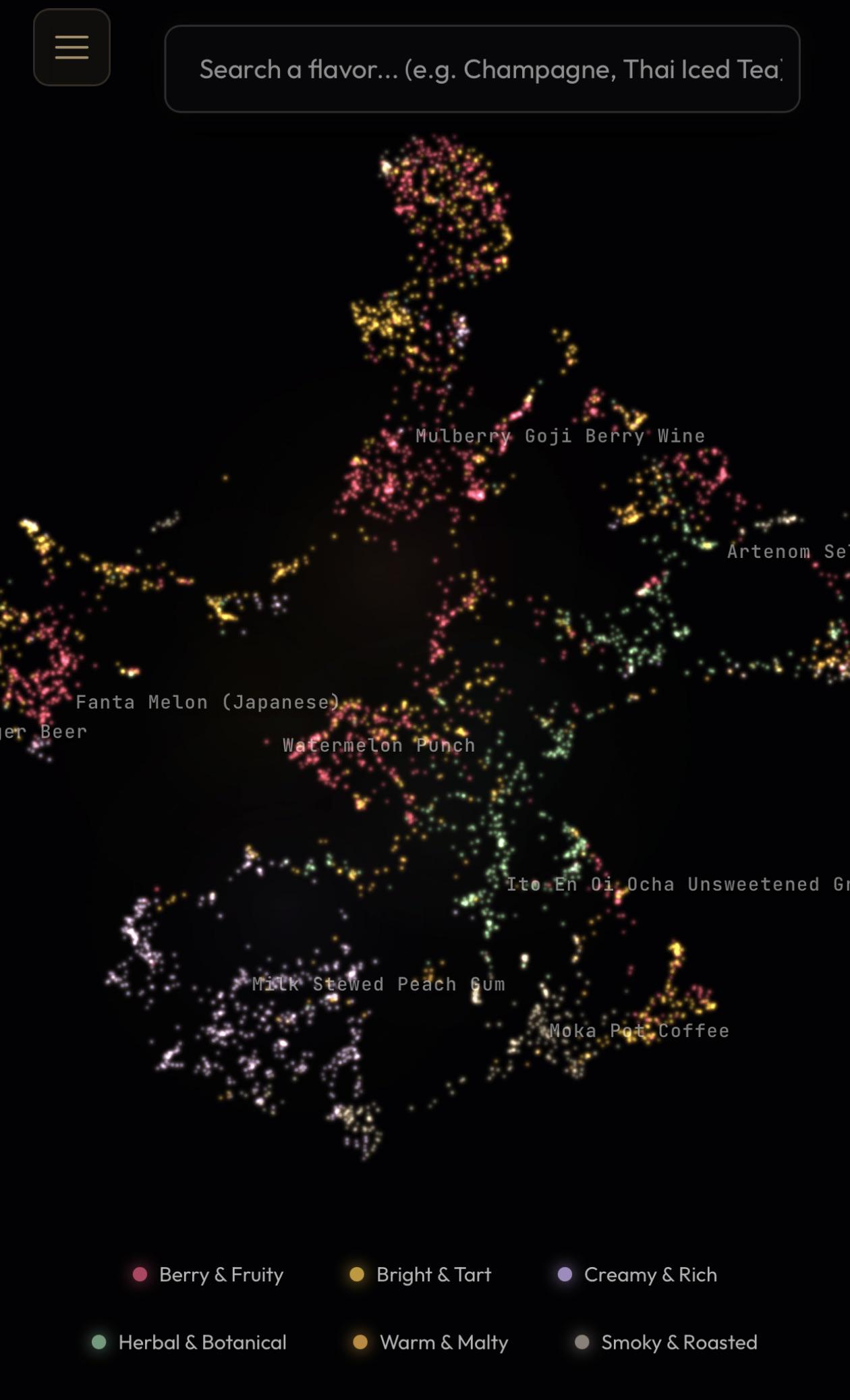 I mathematically mapped 4,000+ drinks across 22 sensory dimensions using UMAP [OC] Visualization