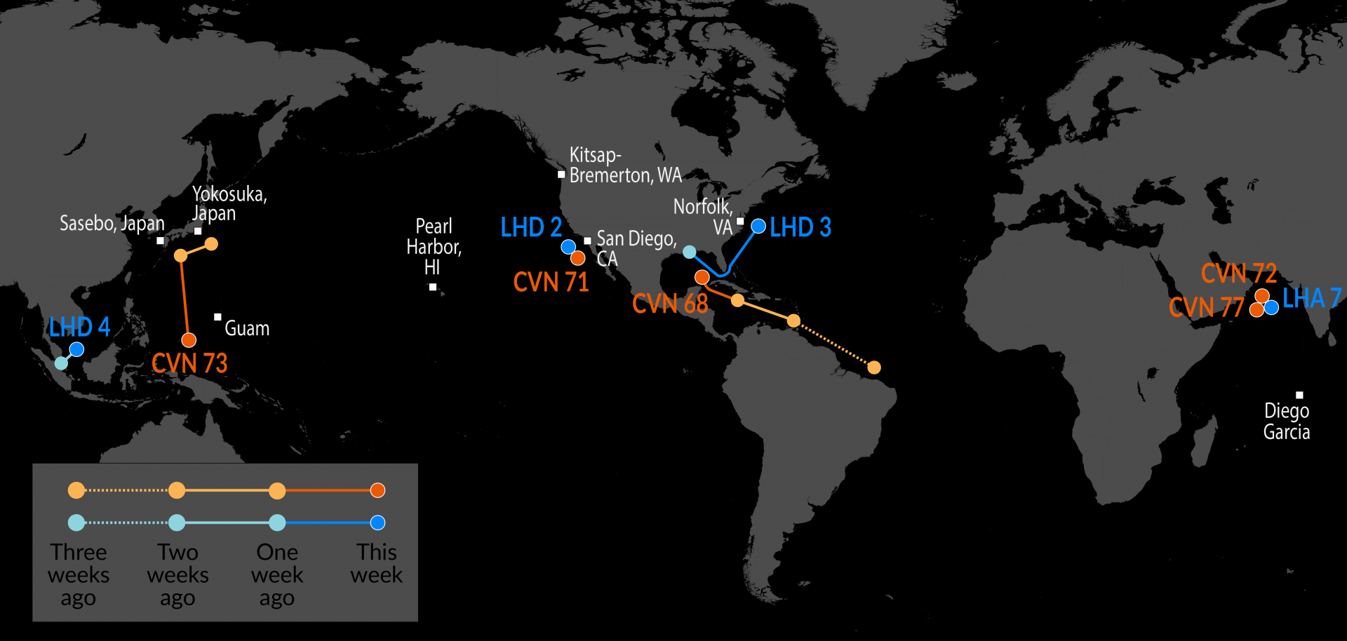 June 11th US Carrier tracking - USS Nimitz (CVN-68) is en route back to the US + USS George Washington (CVN-73) conducts carrier qualification training Sea + USS Kearsarge (LHD-3) conducts amphibious training in the Atlantic Visualization June 11th US Carrier tracking - USS Nimitz (CVN-68) is en route back to the US + USS George Washington (CVN-73) conducts carrier qualification training Sea + USS Kearsarge (LHD-3) conducts amphibious training in the Atlantic Visualization
