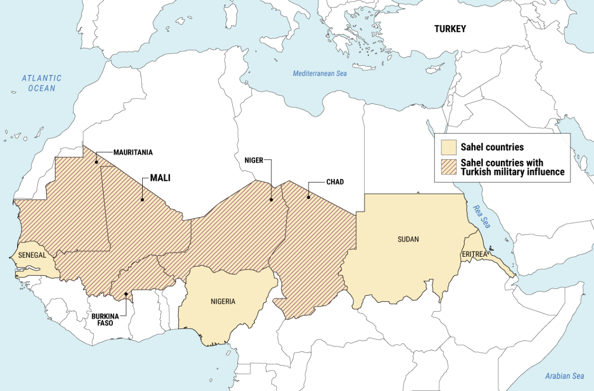 Sahel countries with Turkish military influence (Crisis Group/Nordic Monitor) Visualization Sahel countries with Turkish military influence (Crisis Group/Nordic Monitor) Visualization