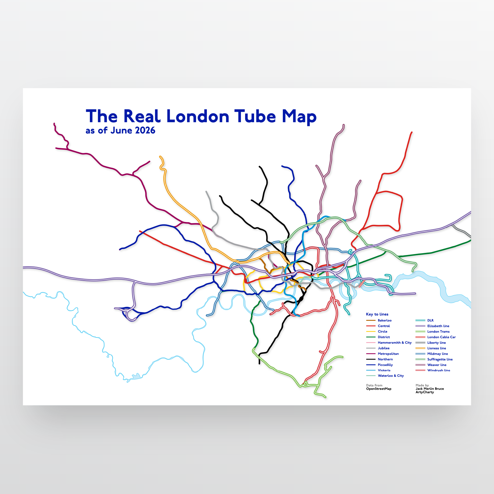 The "Real" London Tube Map -  I plotted the London underground/overground lines with their real, geographic coordinates [OC]