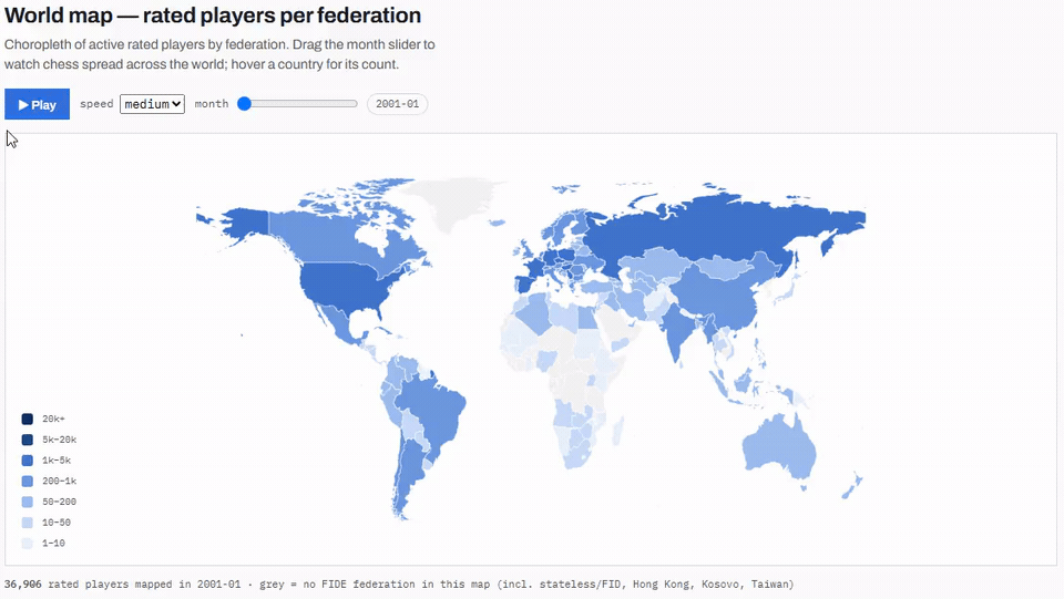 [OC] Rated chess players by country, every month from 2001 to 2026 Visualization