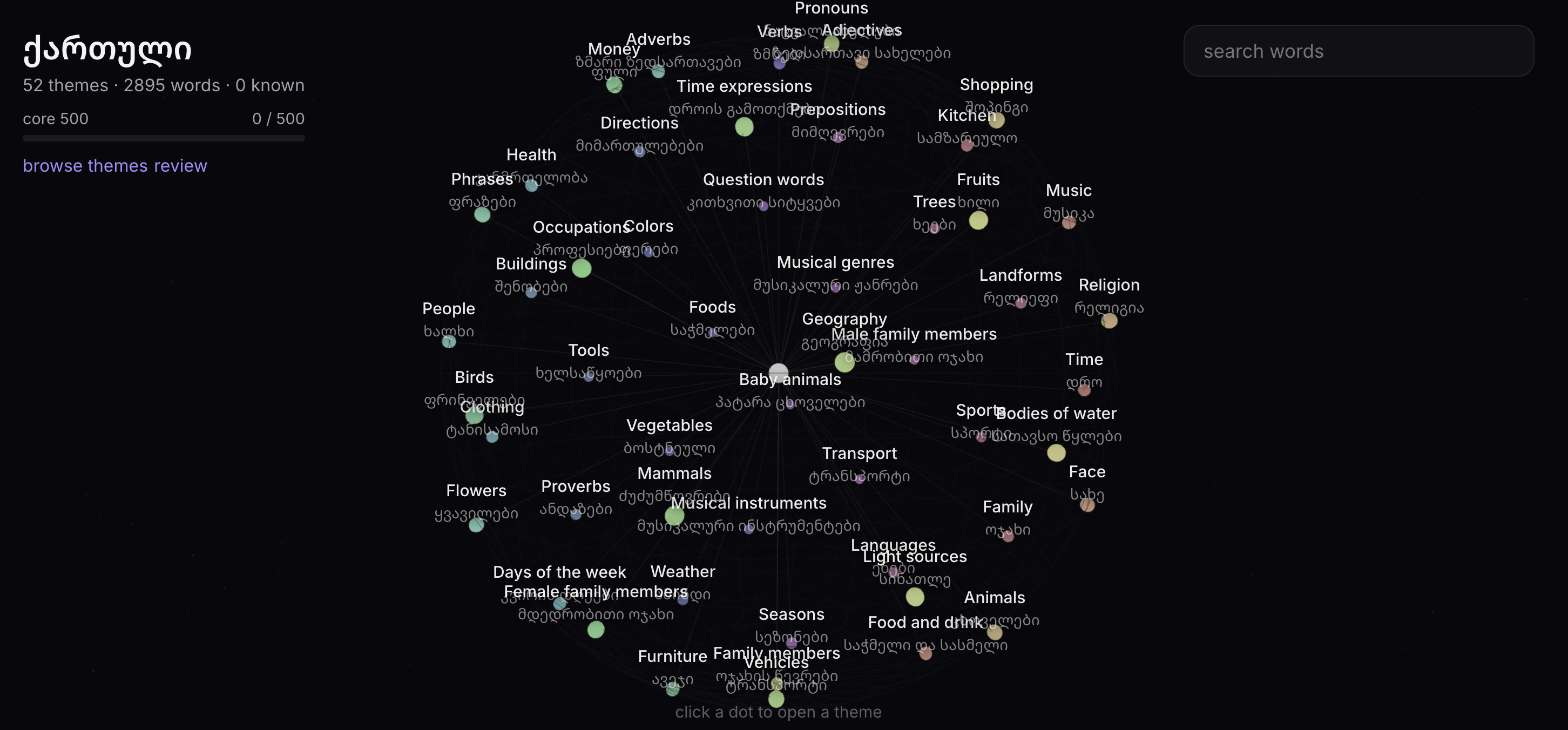 [OC] Mapped Georgian words by category in hopes of learning new words, category by category. 2895 words with audio and flashcards. Visualization