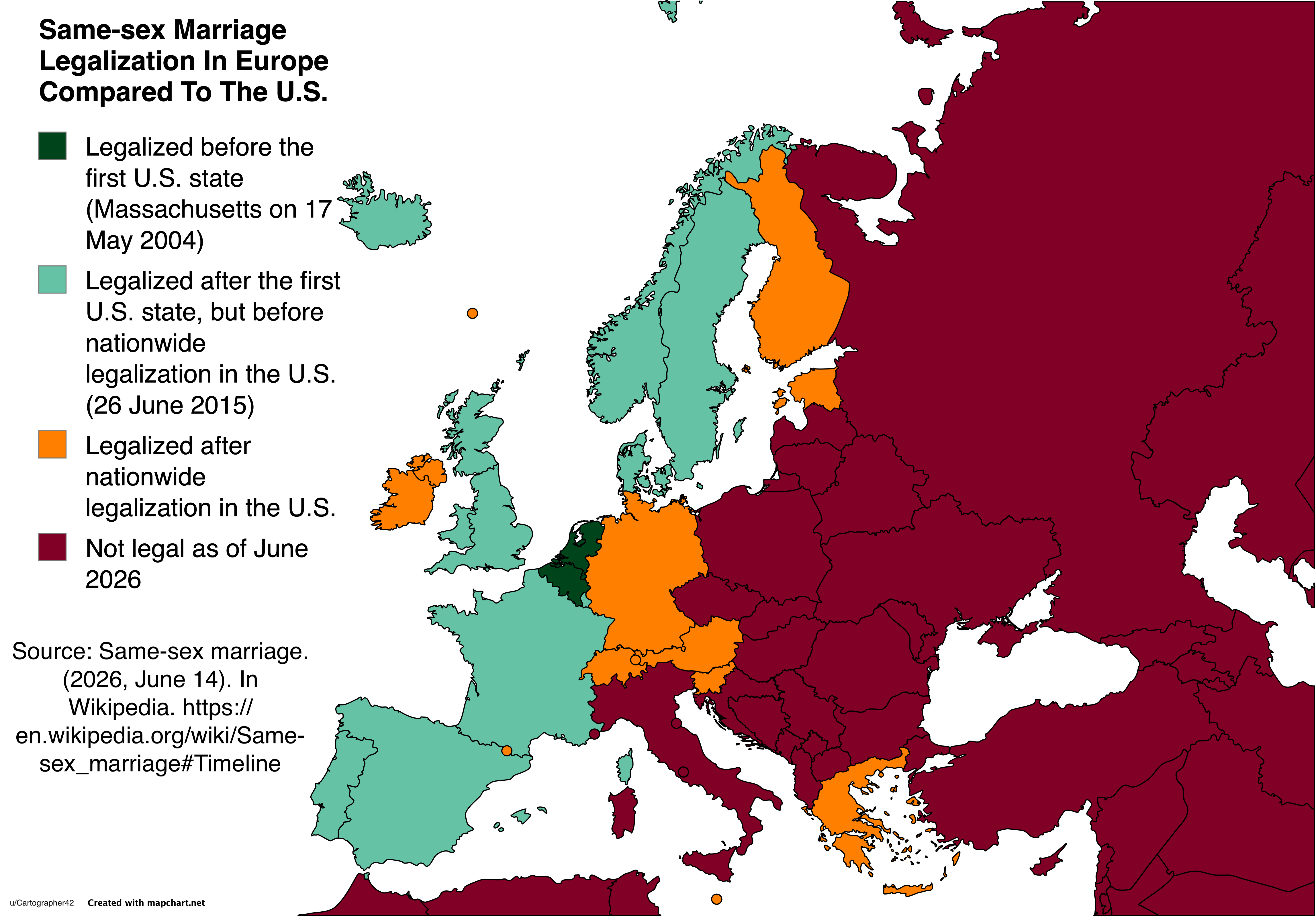 Same-sex Marriage
Legalization In Europe Compared To The U.S. [OC] Visualization