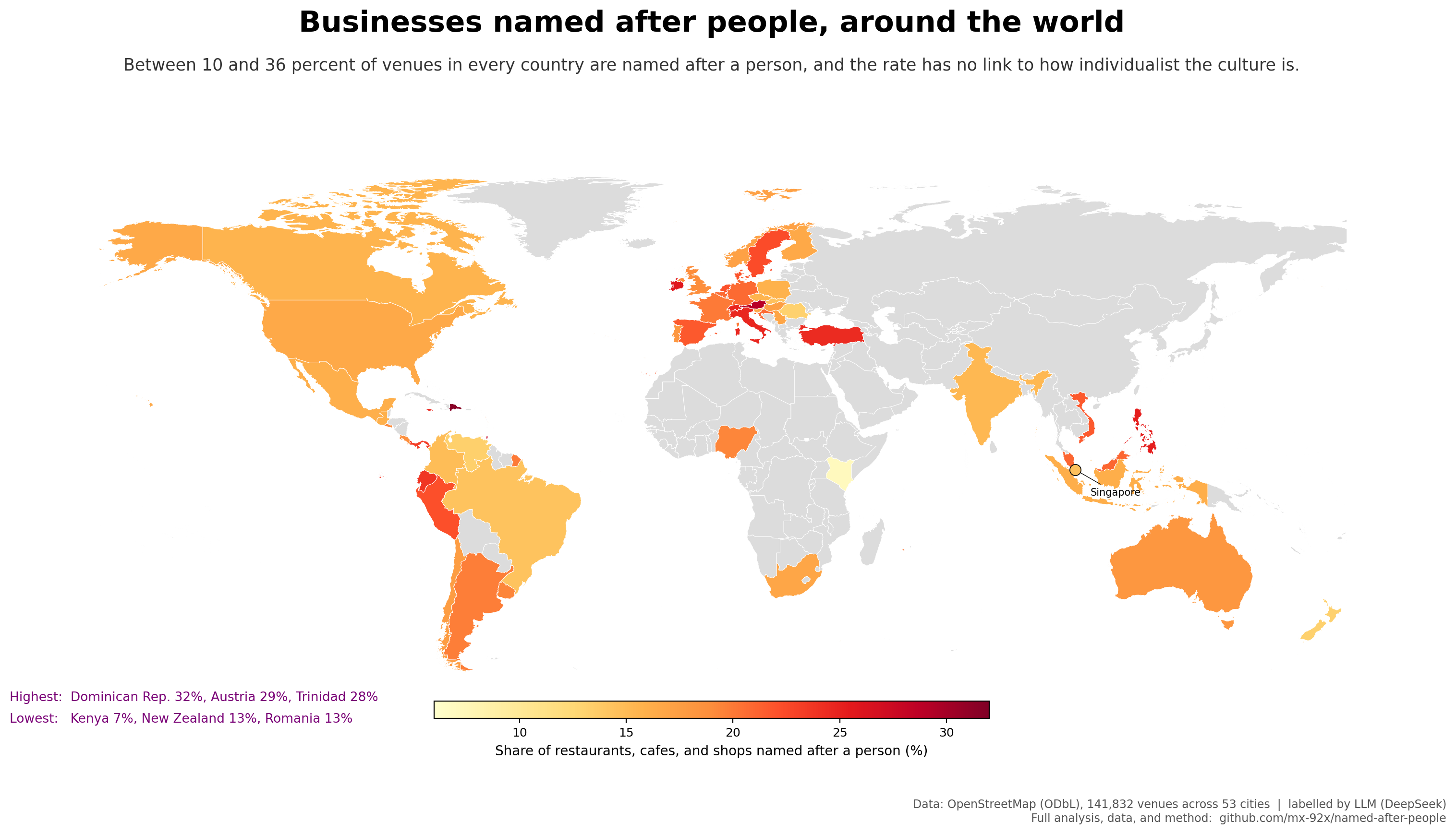 [OC] How often businesses are named after a real person, mapped across 53 countries Visualization