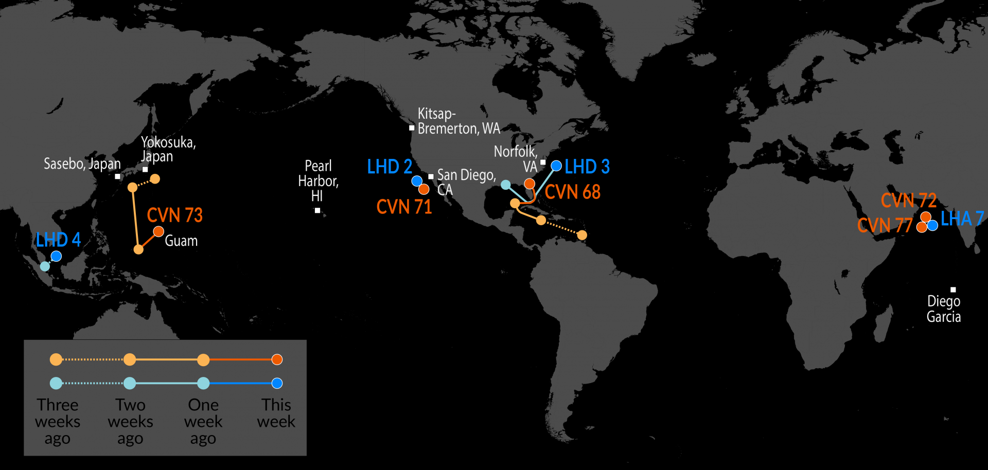 June 18th US Carrier tracking - USS Nimitz (CVN-68) has returned to its US port in Florida, concluding its Southern Seas 2026 deployment + USS George Washington (CVN-73) arrived in Guam for first port call of Spring patrol Visualization June 18th US Carrier tracking - USS Nimitz (CVN-68) has returned to its US port in Florida, concluding its Southern Seas 2026 deployment + USS George Washington (CVN-73) arrived in Guam for first port call of Spring patrol Visualization