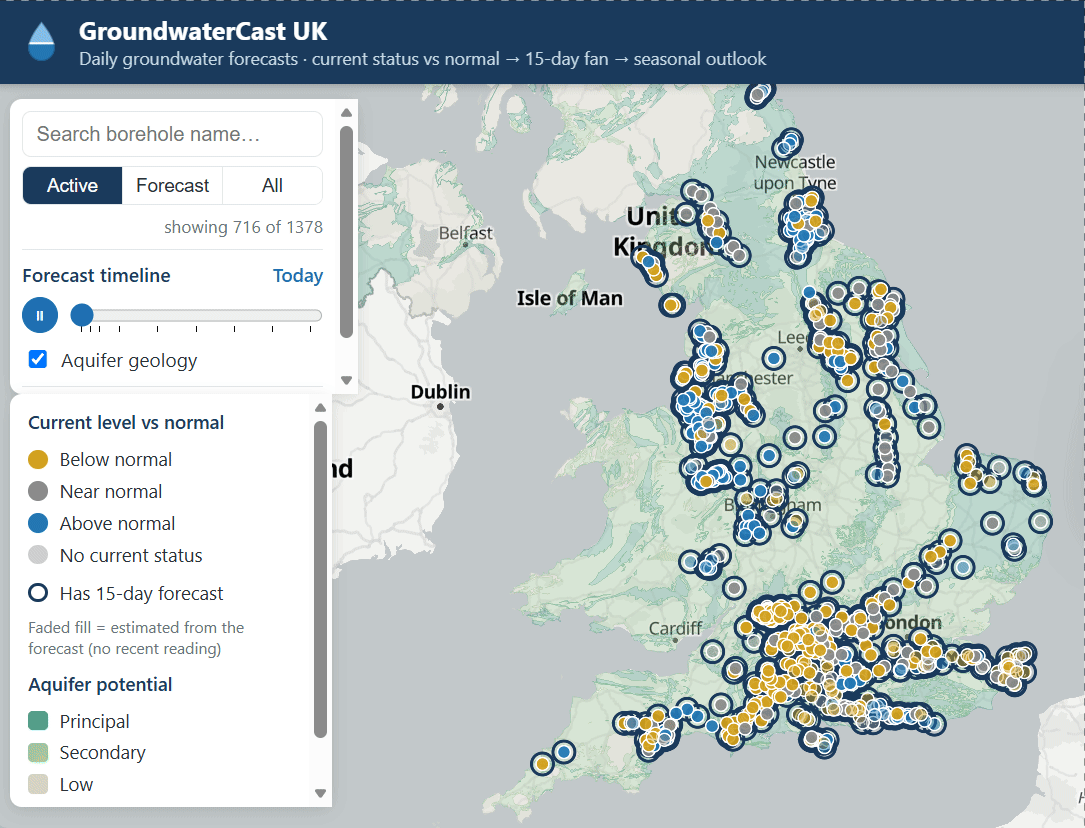 [OC] A 6-month groundwater forecast for England: ~700 boreholes, each shown below / near / above its own seasonal normal Visualization