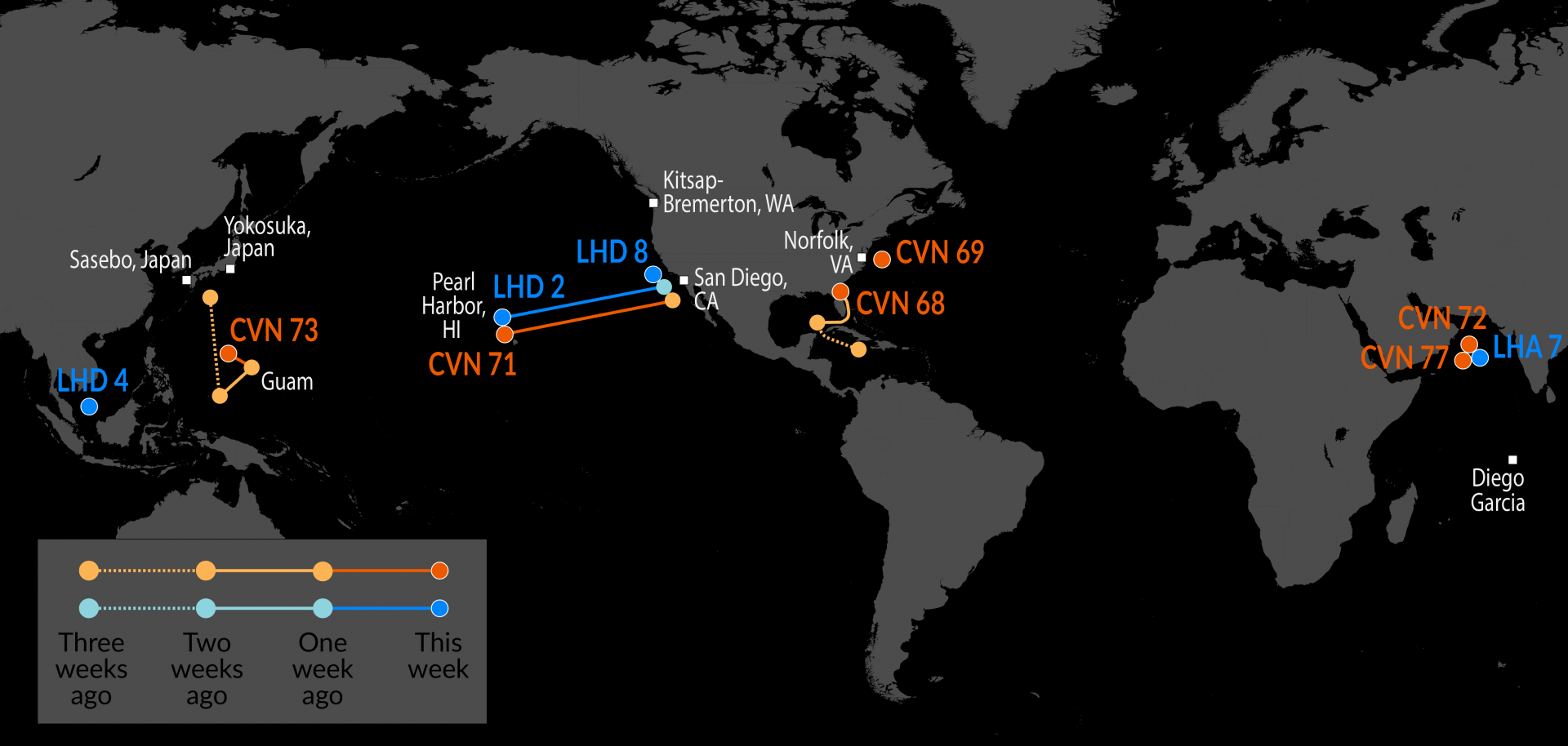 June 25th US Carrier tracking - USS George Washington (CVN-73) begins Valiant Shield exercises in the Philippine Sea with Japan + USS Theodore Roosevelt (CVN-71) arrives at Pearl Harbor RIMPAC 2026 + USS Essex (LHD-2) arrives at Pearl Harbor for RIMPAC 2026 Visualization June 25th US Carrier tracking - USS George Washington (CVN-73) begins Valiant Shield exercises in the Philippine Sea with Japan + USS Theodore Roosevelt (CVN-71) arrives at Pearl Harbor RIMPAC 2026 + USS Essex (LHD-2) arrives at Pearl Harbor for RIMPAC 2026 Visualization