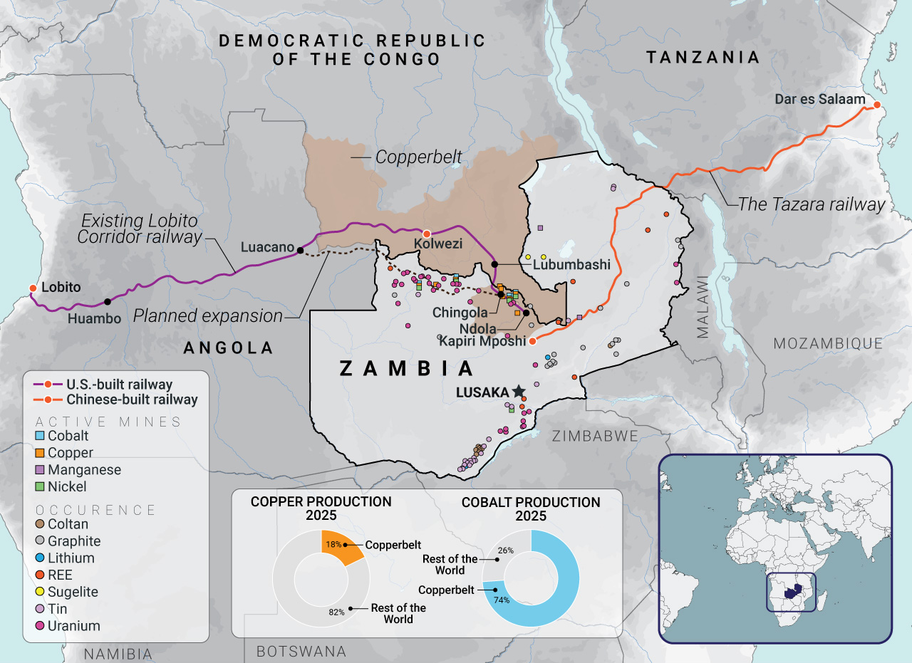 Critical mineral infrastructure in Zambia and the export routes for them (Angolan Ministry of Transport/The Lobrito Corridor Investment Promotion Authority/BGS) Visualization