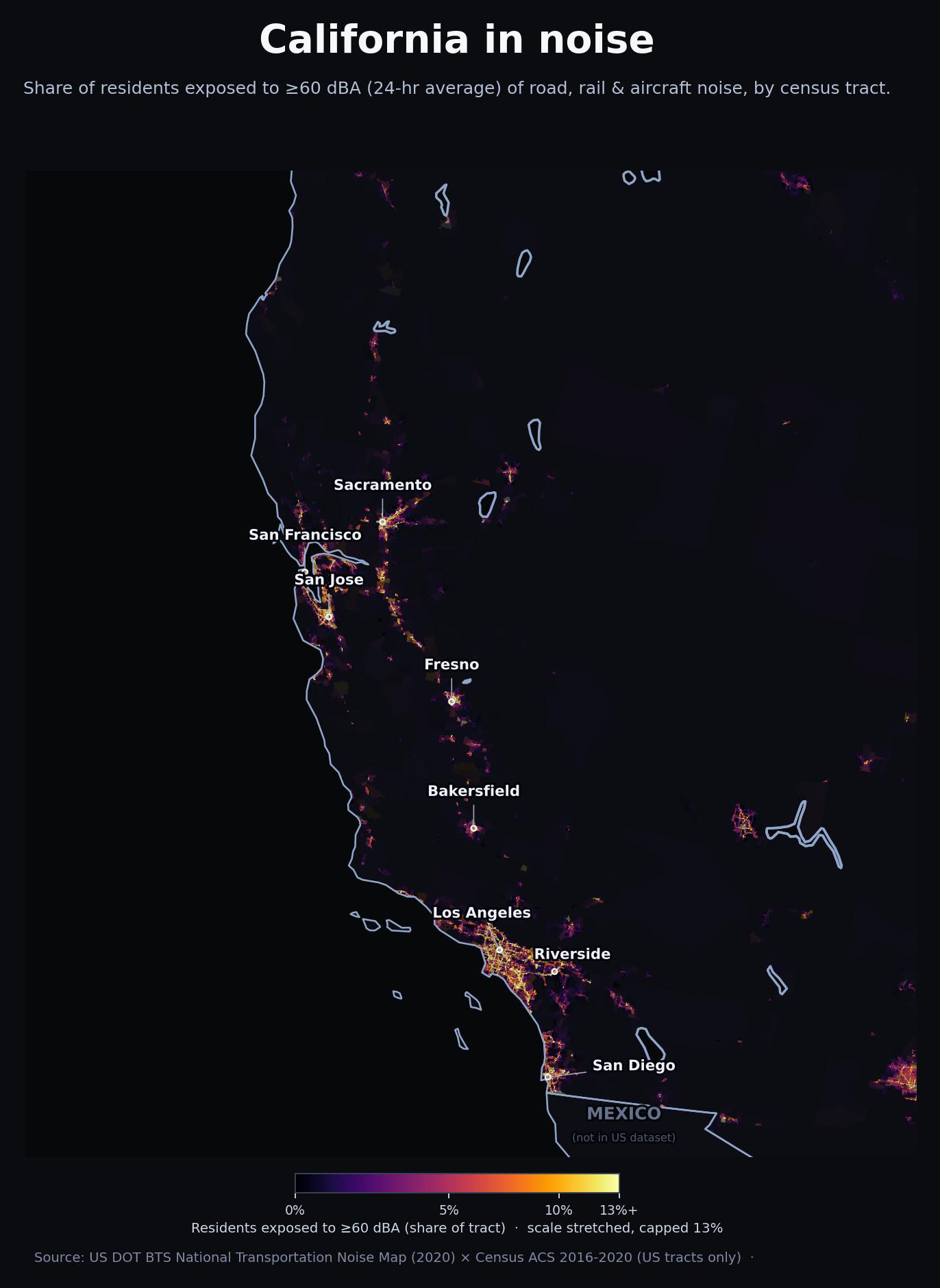 Share of California residents exposed to 60+ dB of transportation noise (road, rail, aviation), by census tract (US DOT federal data) Statistics