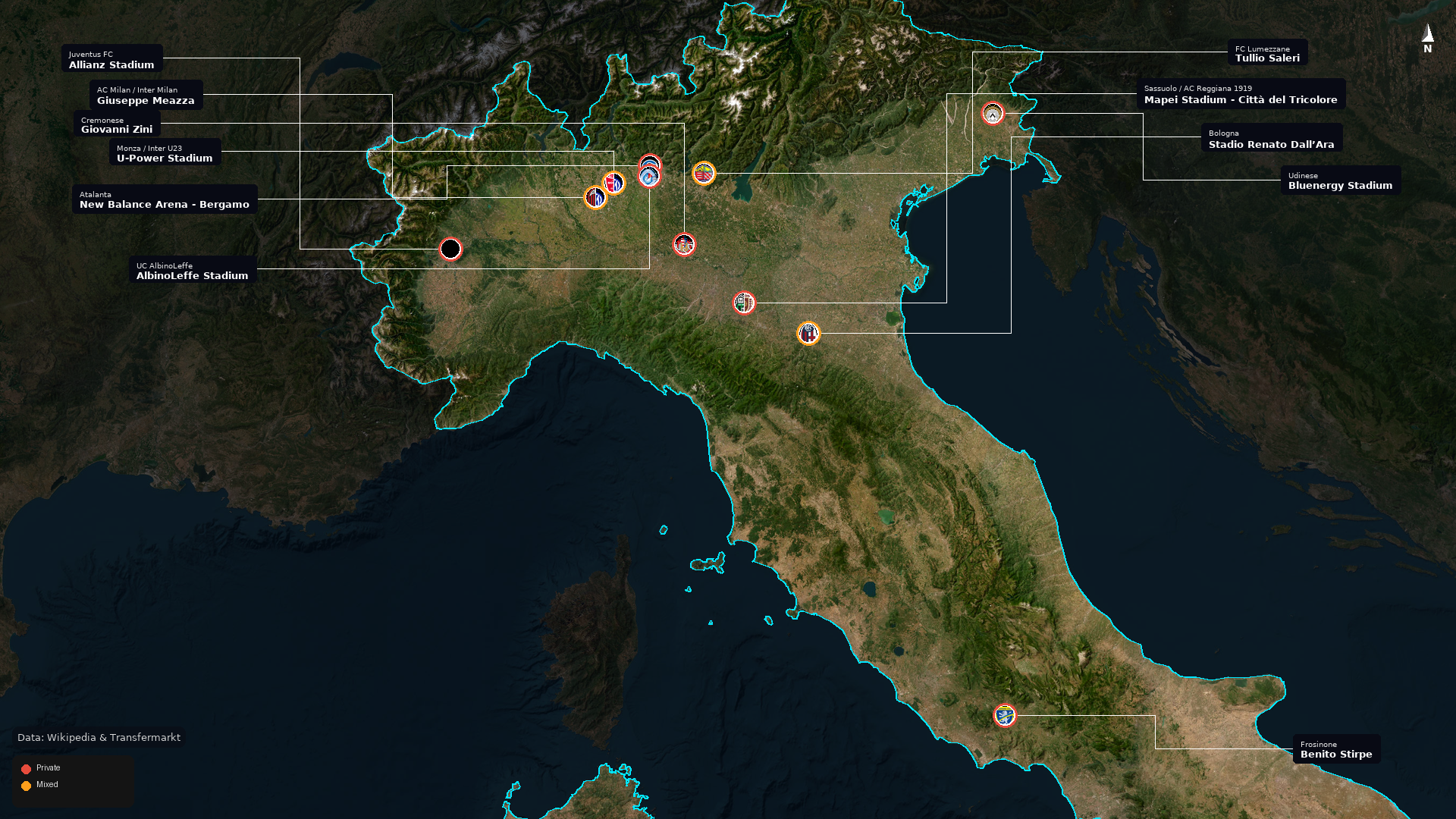[OC] Private/Mixed ownership stadiums of Italy Visualization
