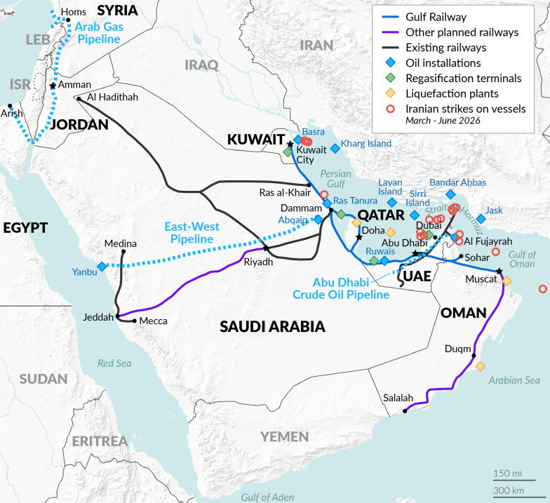 Energy infrastructure and railways in the Gulf alongside Iranian strikes on vessels since March 2026 (EIU/IEA/ISW) Visualization Energy infrastructure and railways in the Gulf alongside Iranian strikes on vessels since March 2026 (EIU/IEA/ISW) Visualization