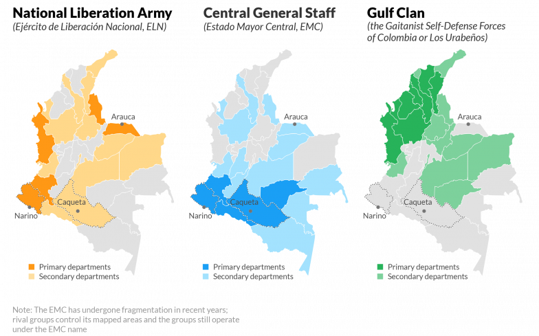 Geographic dispersion of armed groups across Colombia (InSight Crime/BBC/WOLA) Geographic dispersion of armed groups across Colombia (InSight Crime/BBC/WOLA)