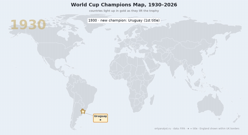 [OC] World Cup Champions Map, 1930-2026 Visualization